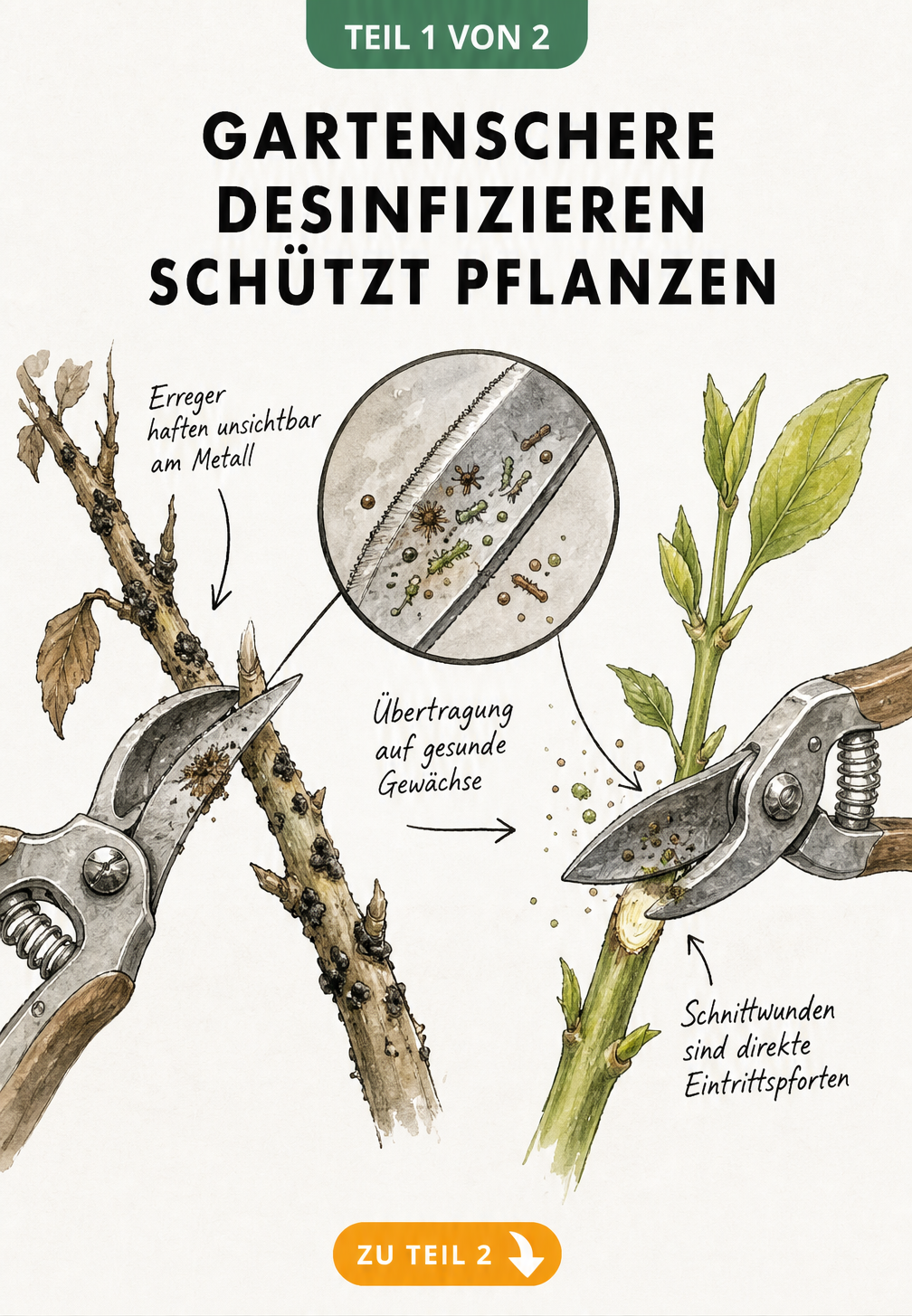 Illustration einer Gartenschere, die einen kranken Ast schneidet und Erreger auf einen gesunden Trieb überträgt