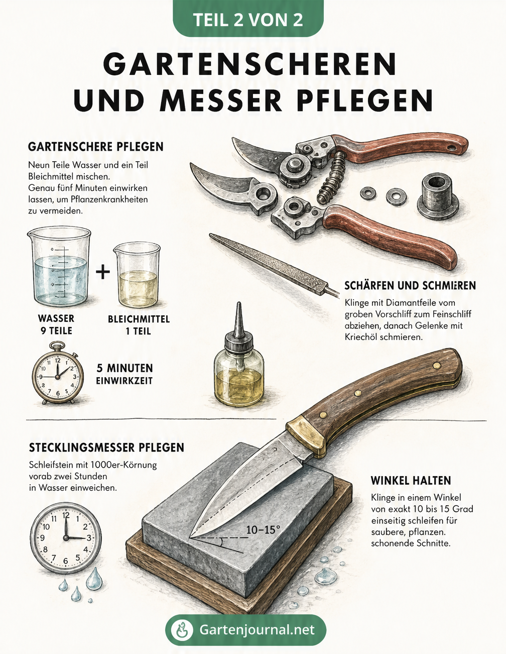 Skizze einer zerlegten Gartenschere mit Desinfektionsmischung und einem Stecklingsmesser auf einem Schleifstein