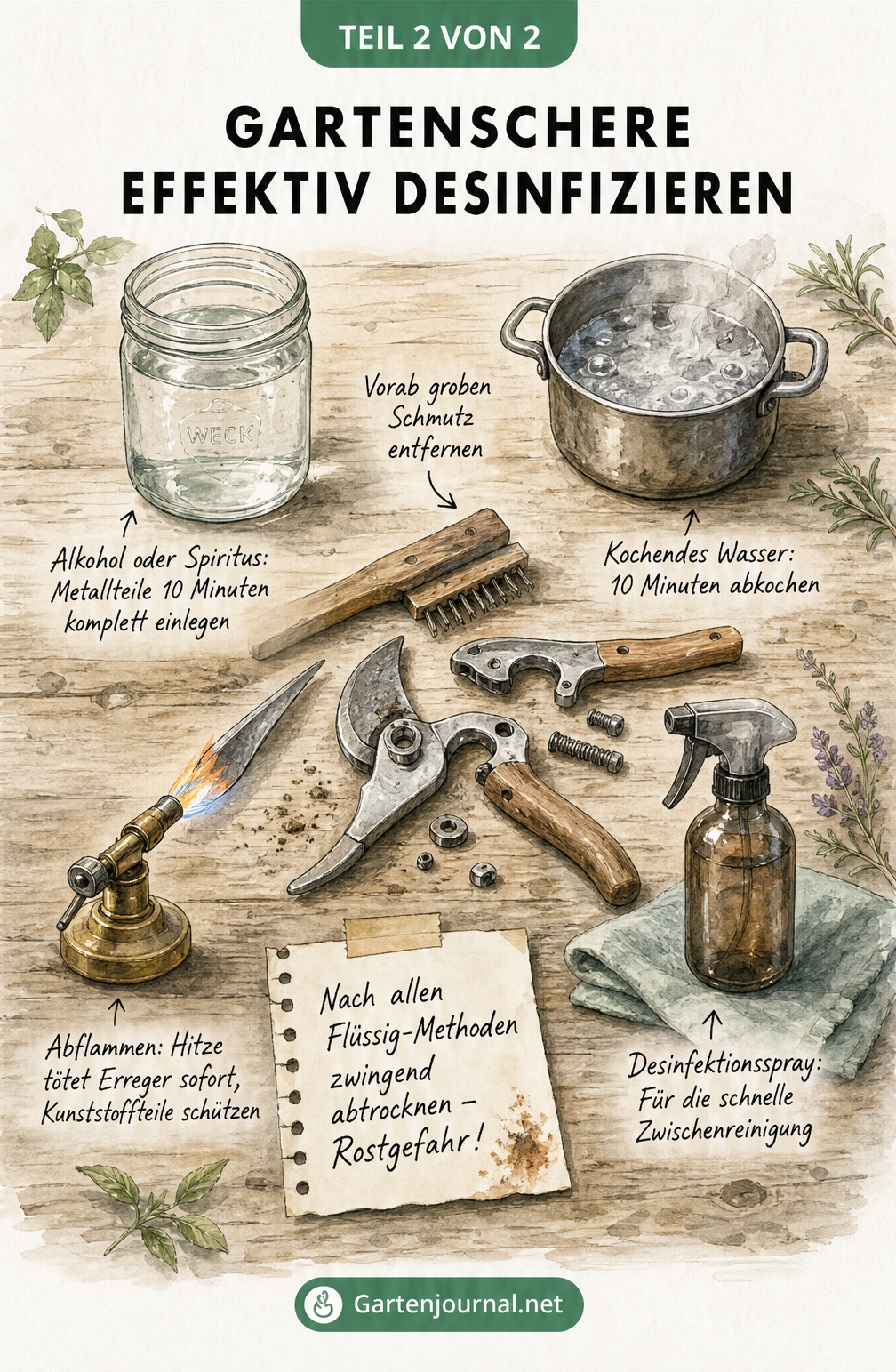 Illustration verschiedener Methoden zur Desinfektion einer Gartenschere wie Alkohol, kochendes Wasser, Abflammen und Desinfektionsspray