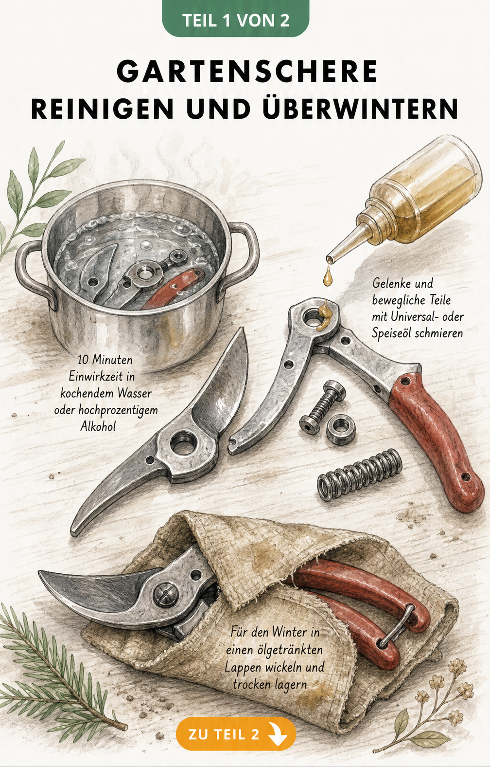 Illustration einer zerlegten Gartenschere mit Hinweisen zur Desinfektion, Schmierung und Überwinterung