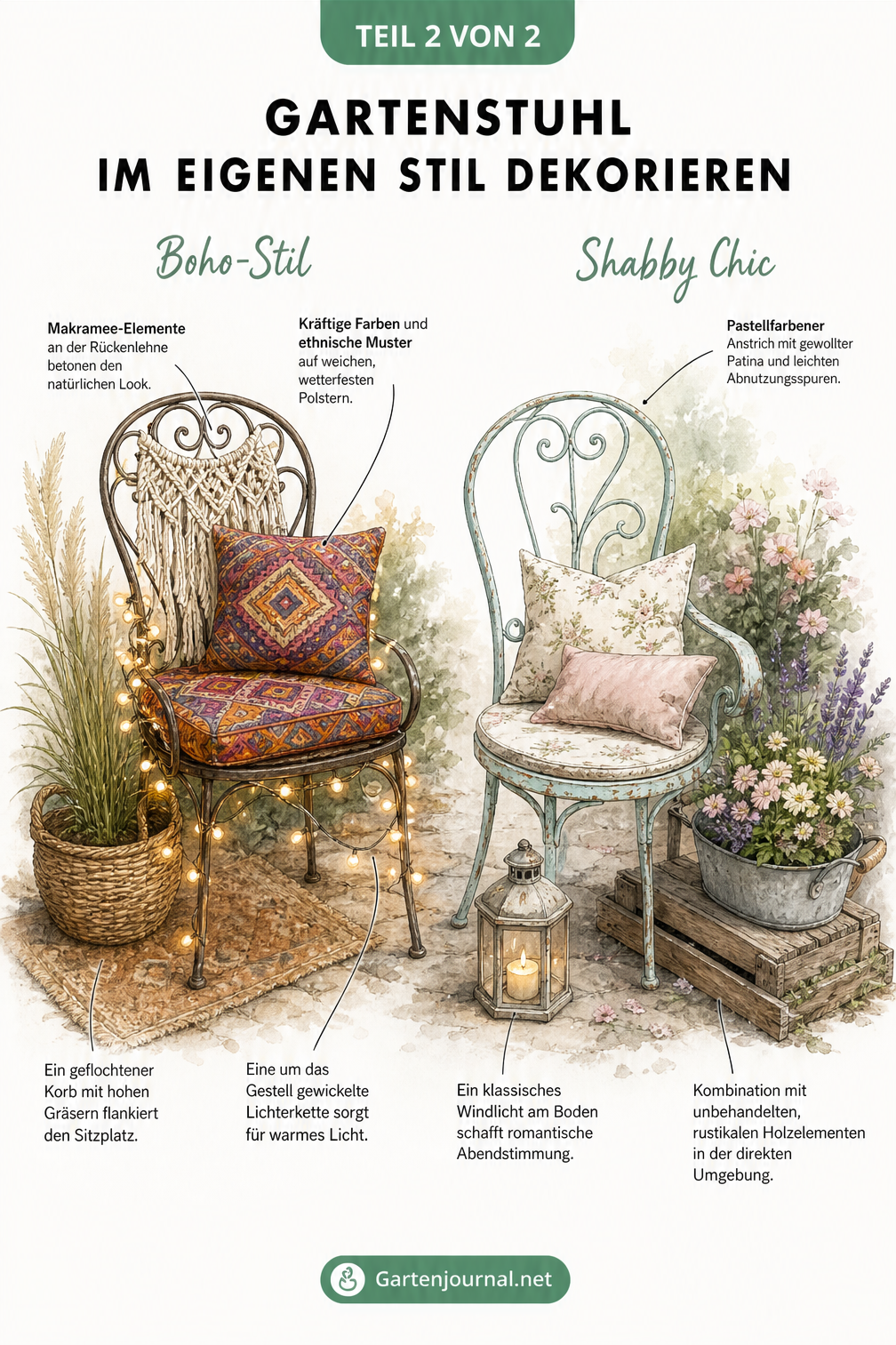 Zwei dekorierte Gartenstühle aus Metall, einer im Boho-Stil mit Makramee und Lichterkette, der andere im Shabby Chic mit Patina und Zinkwanne