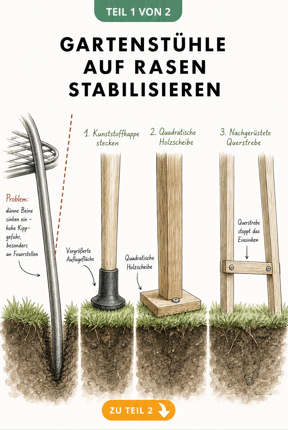 Querschnitt-Zeichnung zeigt, wie dünne Stuhlbeine im Rasen einsinken und wie breite Kappen, Holzscheiben oder Querstreben dies verhindern.
