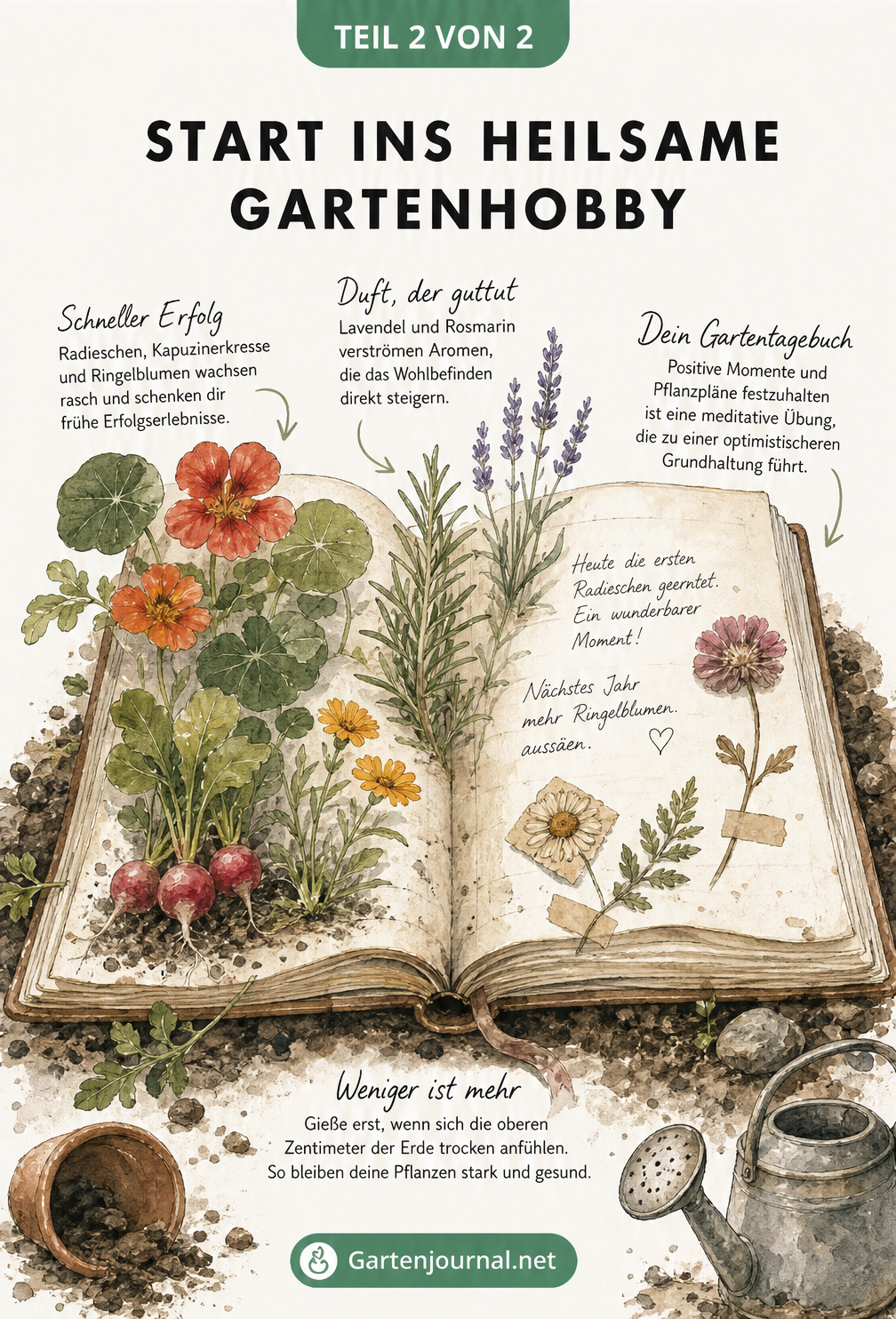 Handgezeichnetes Gartentagebuch mit herauswachsenden Pflanzen wie Radieschen und Lavendel sowie Tipps für schnelle Erfolgserlebnisse