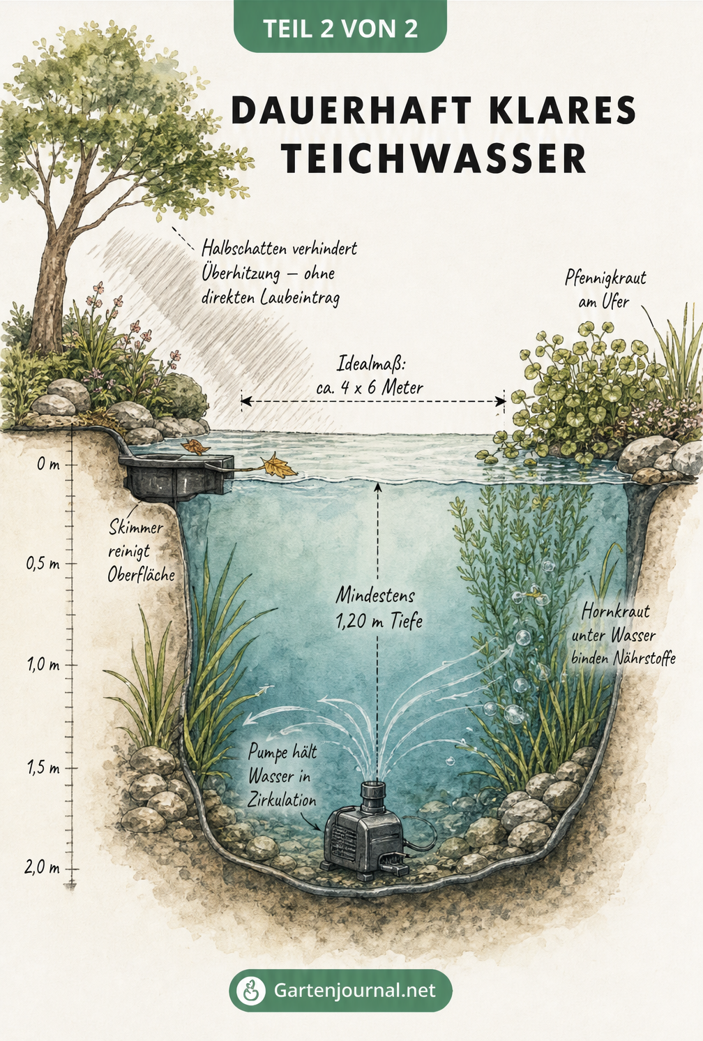 Botanischer Bauplan eines idealen Gartenteichs mit Maßangaben, Halbschatten durch einen Baum, Skimmer, Pumpe und klärenden Wasserpflanzen wie Pfennigkraut und...