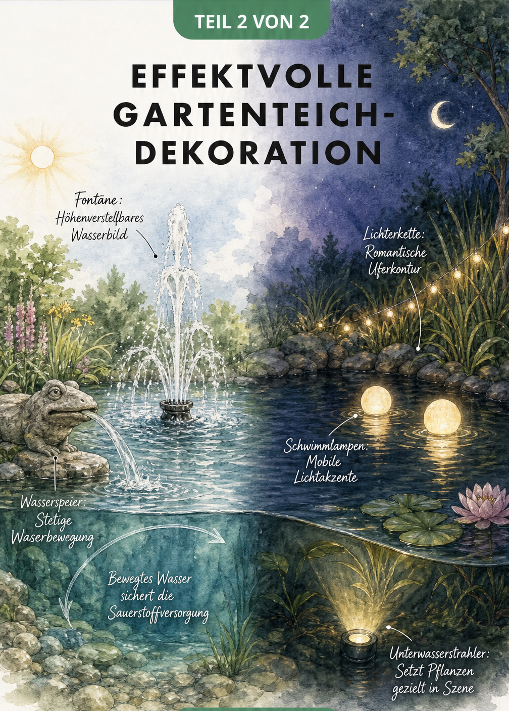 Illustration eines Gartenteichs mit Tag-Nacht-Teilung, Fontäne, Wasserspeier, Unterwasserstrahler und Schwimmlampen