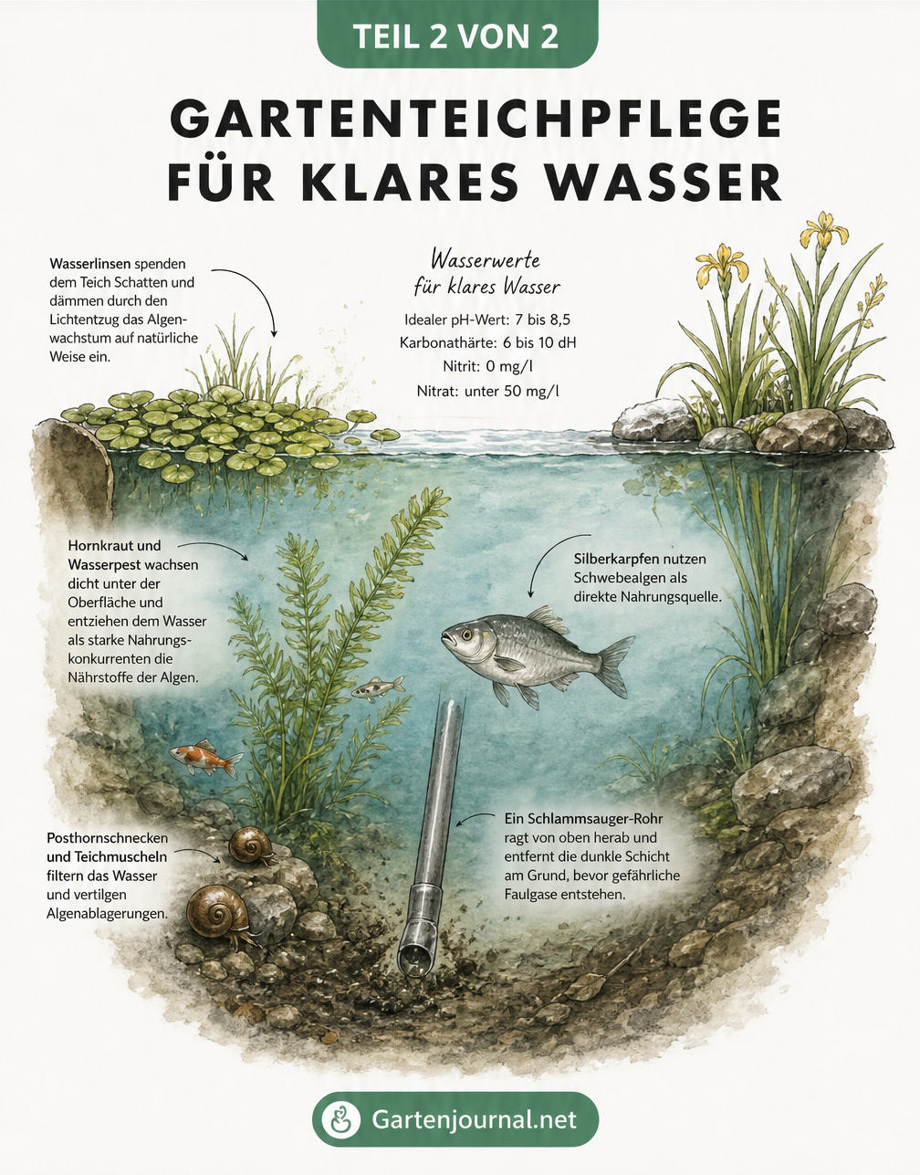 Schnittbild durch einen Gartenteich mit idealen Wasserwerten, Schwimmpflanzen, Unterwasserpflanzen, Fischen und Teichgrund-Bewohnern.