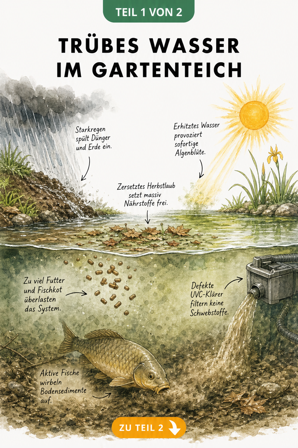 Illustration eines Gartenteichs mit trübem Wasser durch Regen, Laub, Fischfutter und wühlende Fische