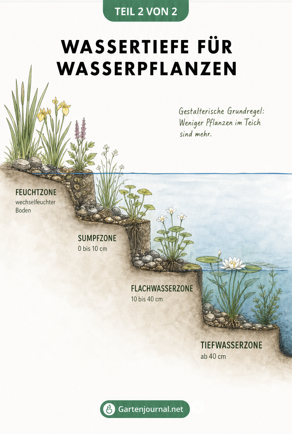 Querprofil eines Gartenteichs mit vier Wassertiefen und passenden Pflanzen