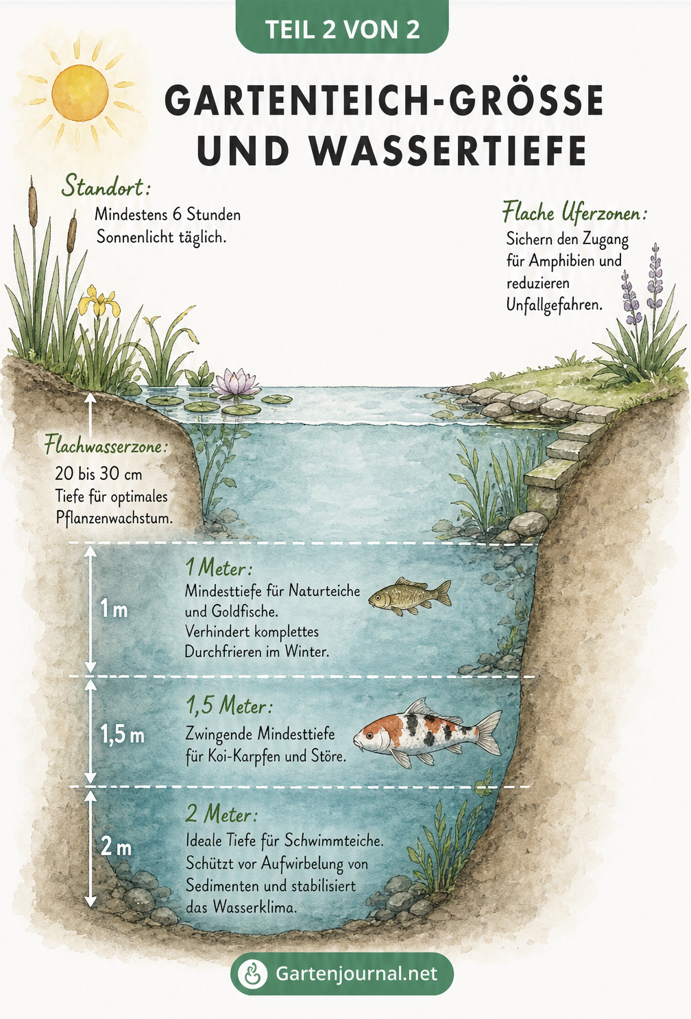 Querschnitt eines Gartenteichs mit Tiefenzonen für Pflanzen und Fische