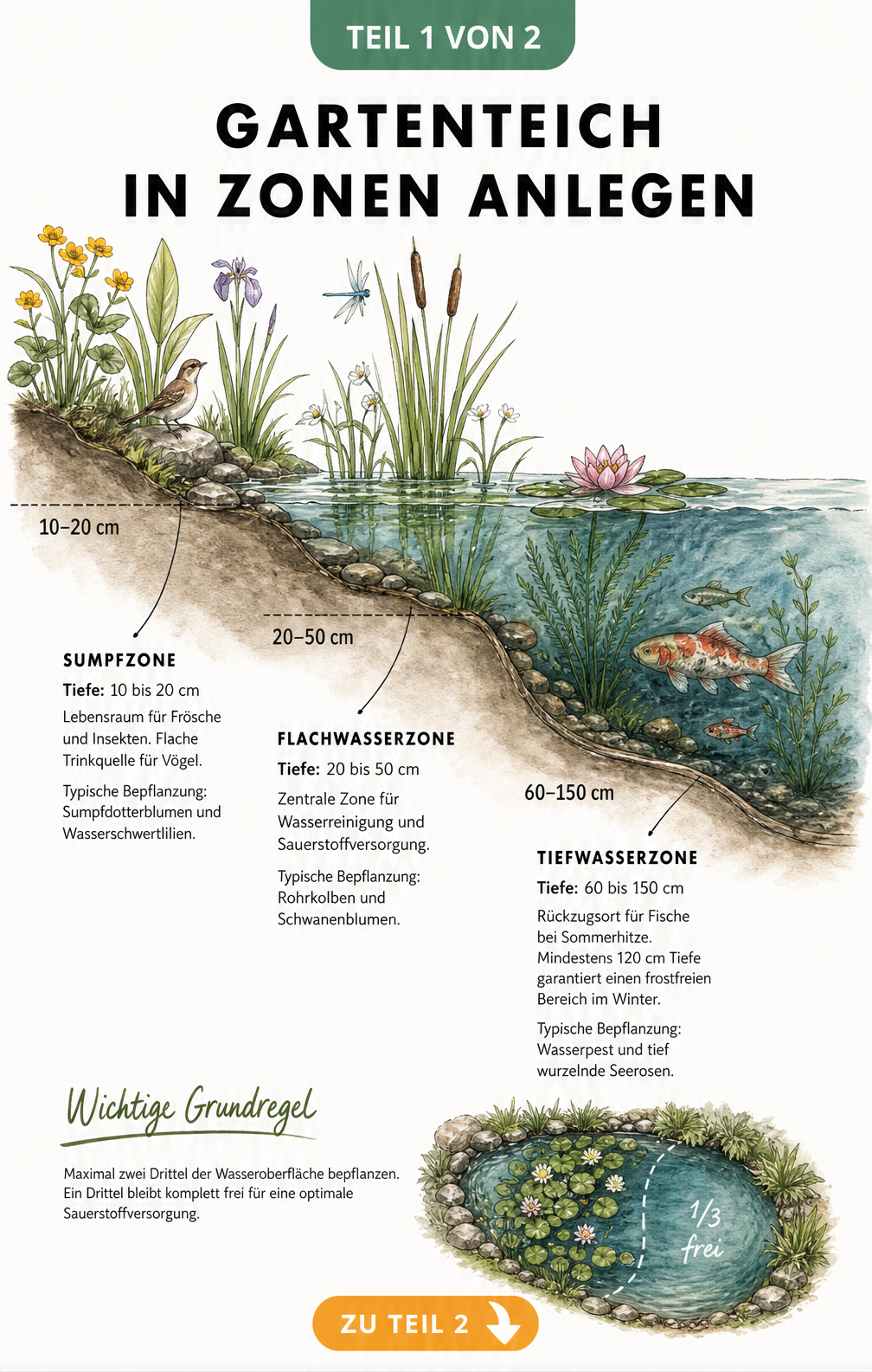 Querschnitt eines Gartenteichs mit Sumpfzone, Flachwasserzone und Tiefwasserzone sowie passenden Pflanzen