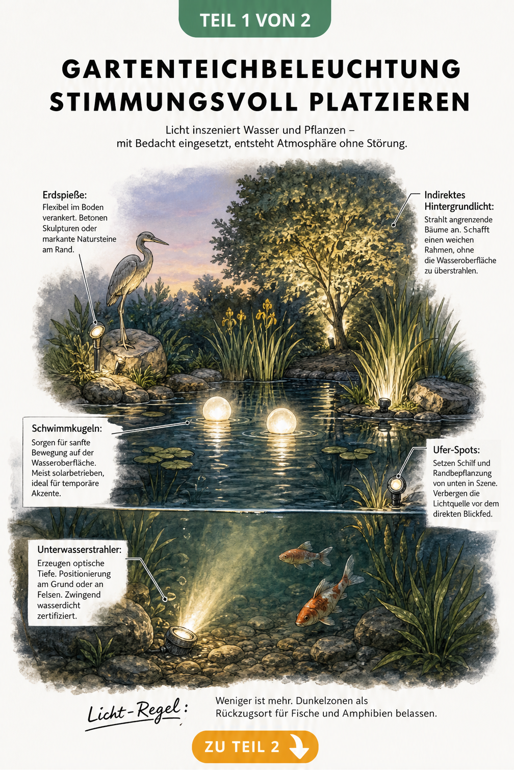 Querschnitt eines Gartenteichs in der Abenddämmerung mit verschiedenen Leuchtentypen wie Unterwasserstrahler, Schwimmkugeln und Ufer-Spots
