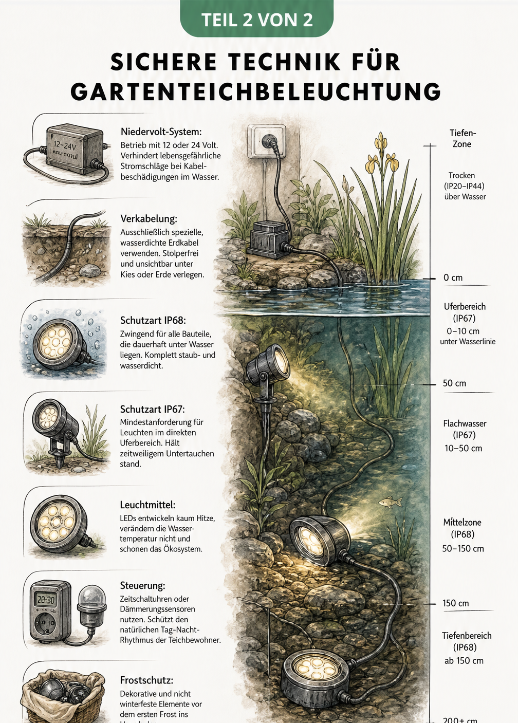 Technische Illustration der Stromführung von der Außensteckdose bis in den Gartenteich mit IP-Schutzklassen und Niedervolt-System