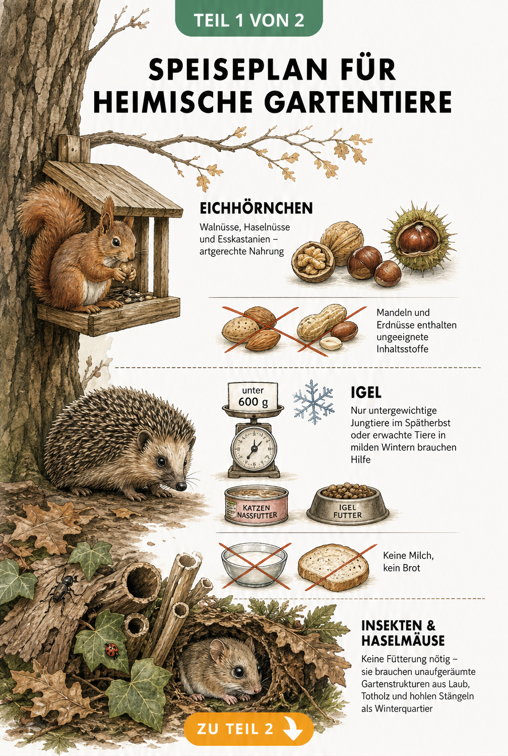 Illustration eines Eichhörnchens am Futterhaus, eines Igels auf dem Boden und einer Haselmaus im Unterholz mit Hinweisen zur Winterfütterung