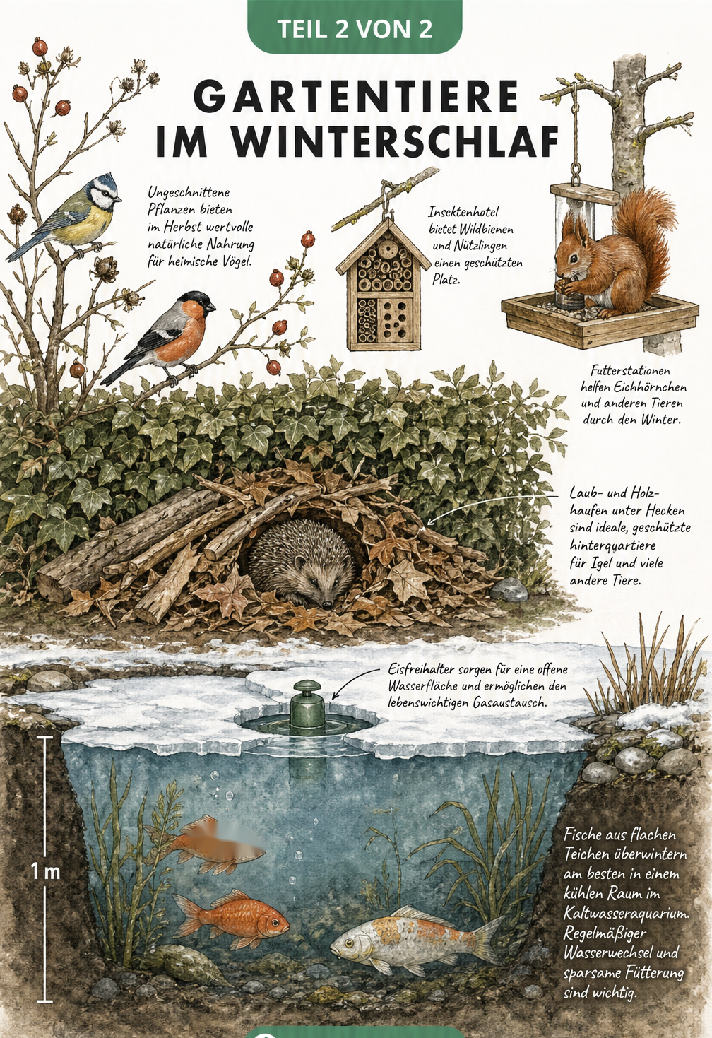 Wimmelbild eines Gartens im Winter mit Vögeln im Strauch, Igel im Laubhaufen und Fischen im Gartenteich