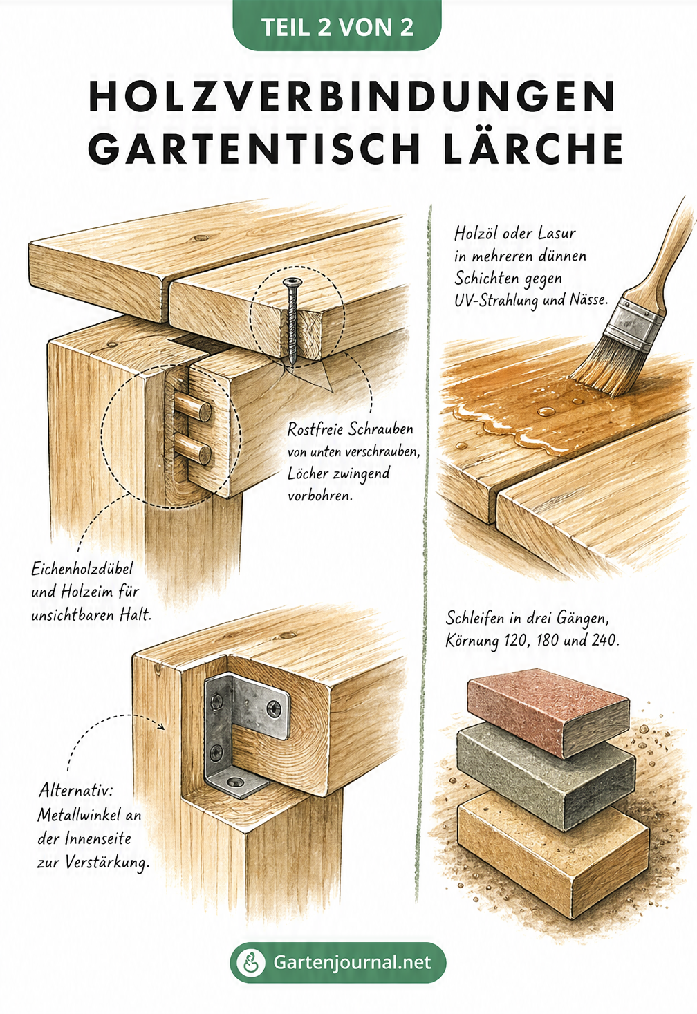 Schnittzeichnung der Holzverbindungen eines Gartentisches mit Eichenholzdübeln, Schrauben und Oberflächenbehandlung