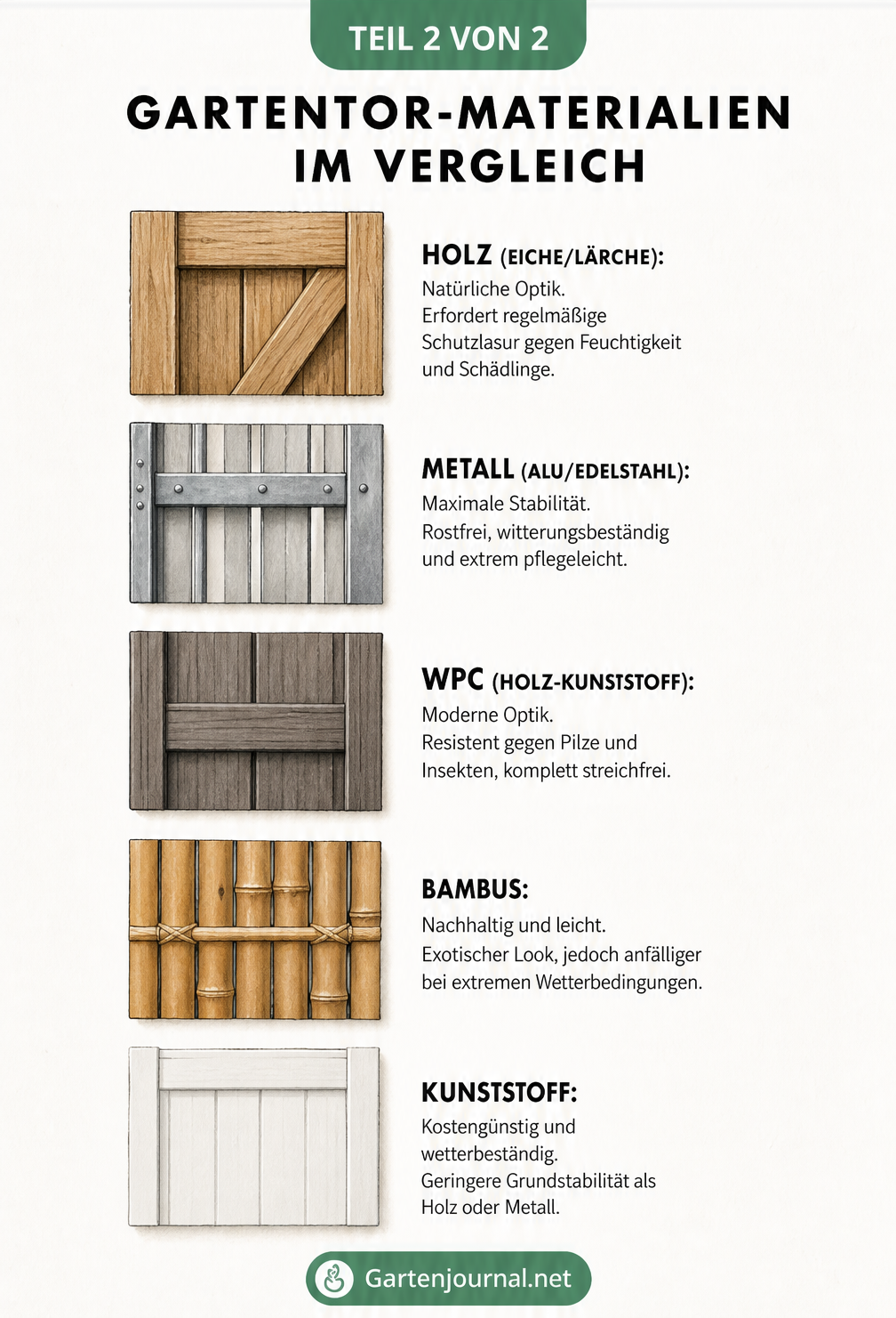 Vergleich von Gartentor-Materialien: Holz, Metall, WPC, Bambus und Kunststoff mit ihren Eigenschaften
