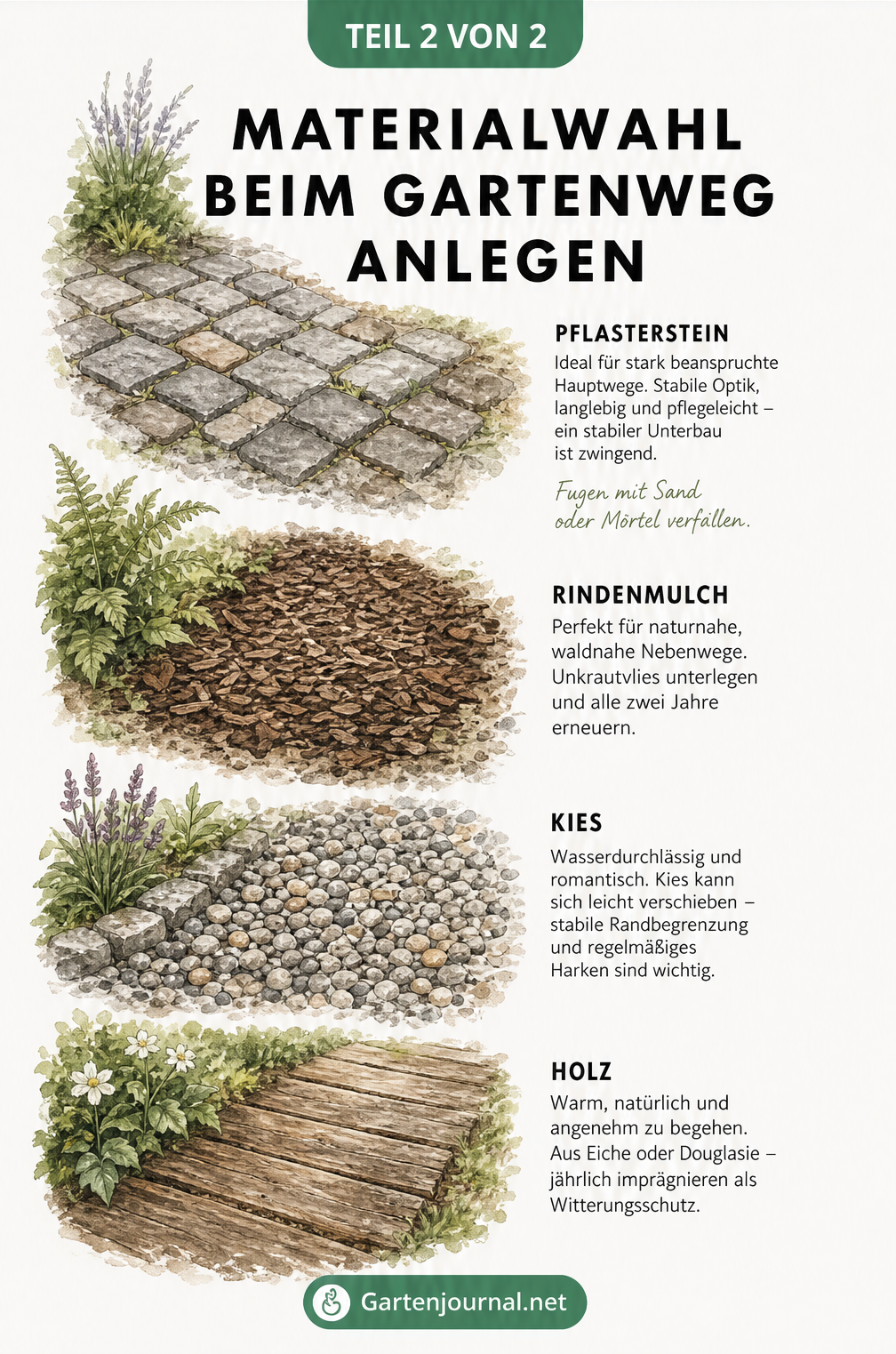 Verschiedene Materialien für Gartenwege wie Pflastersteine, Rindenmulch, Kies und Holz im Vergleich