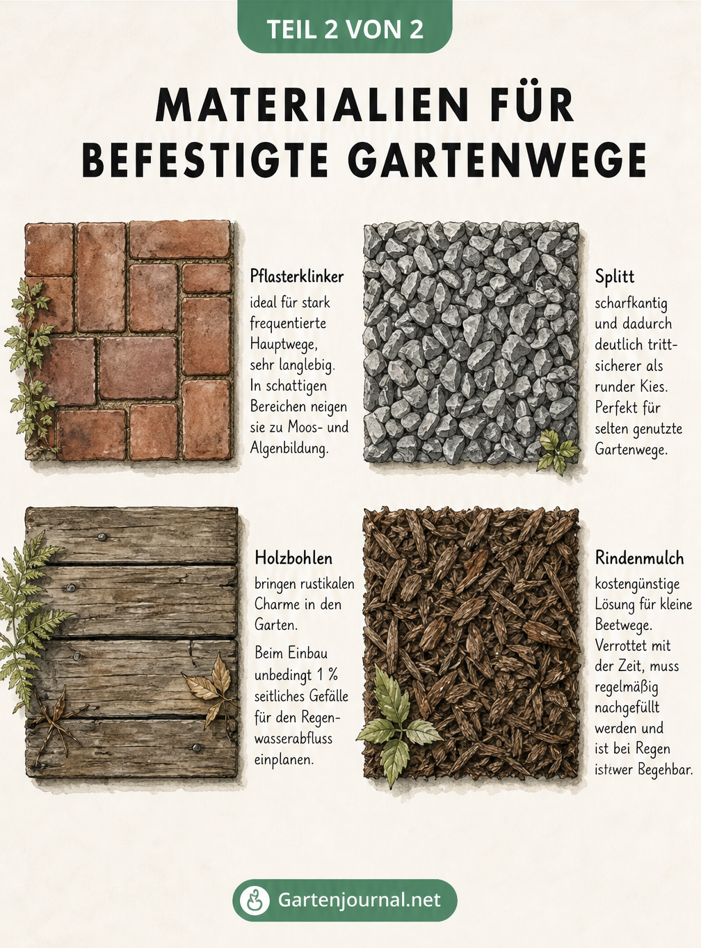 Material-Board für Gartenwege mit Pflasterklinker, Holzbohlen, Splitt und Rindenmulch