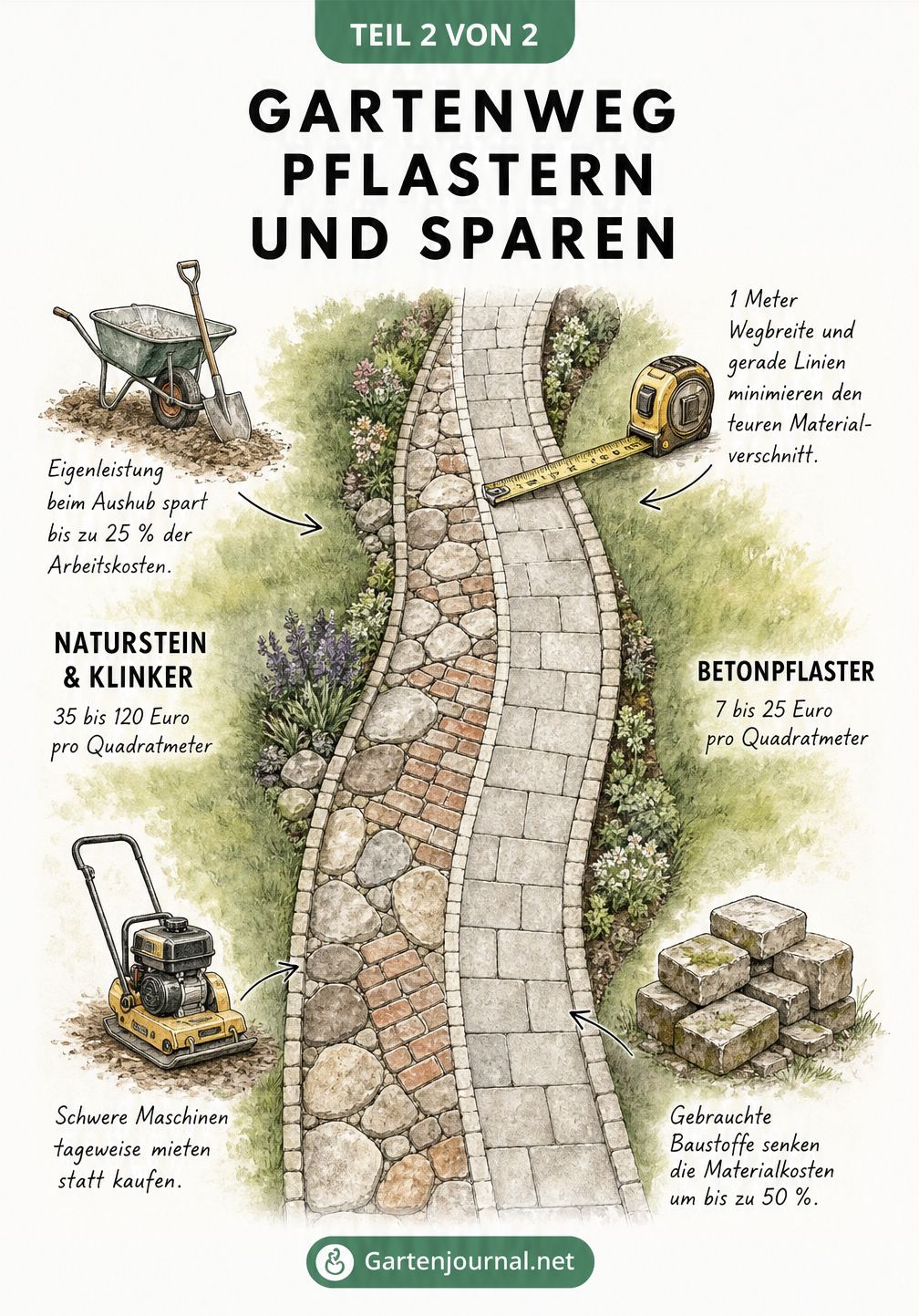 Illustration eines Gartenwegs aus der Vogelperspektive, die teure Natursteine und günstige Betonpflaster sowie Spartipps wie Eigenleistung und gebrauchte...