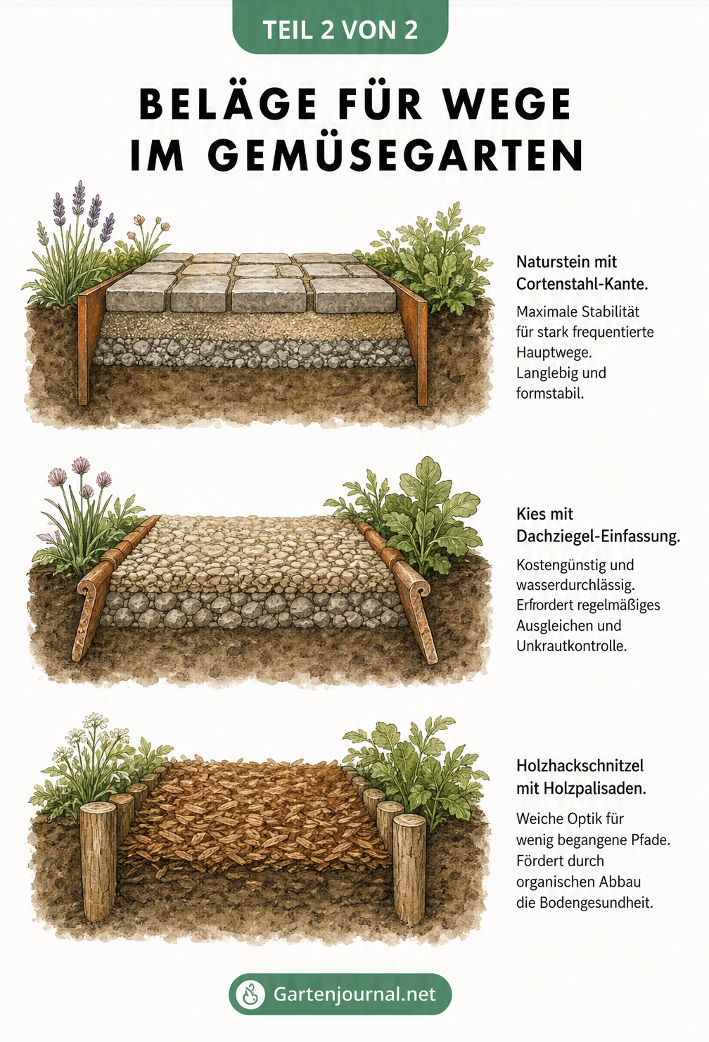 Drei Querschnitte von Gartenwegen: Naturstein mit Cortenstahl, Kies mit Dachziegeln und Holzhackschnitzel mit Palisaden