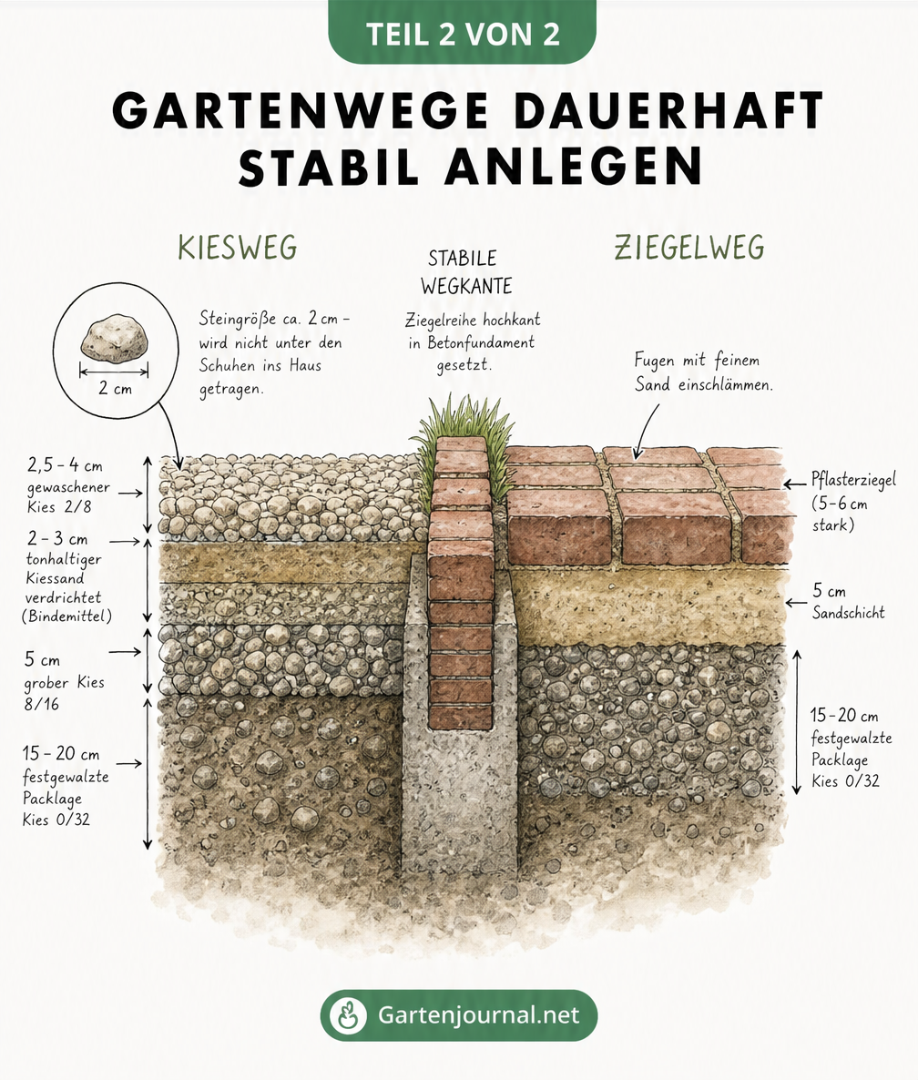 Geologischer Erdschnitt von Gartenwegen: Aufbau eines Kieswegs und eines Ziegelwegs im Vergleich