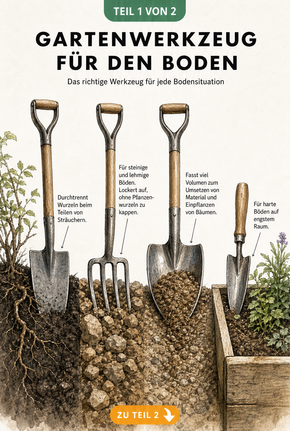 Illustration verschiedener Bodenarten und der passenden Gartenwerkzeuge wie Spaten, Spatengabel, Gartenschaufel und Blumenkelle
