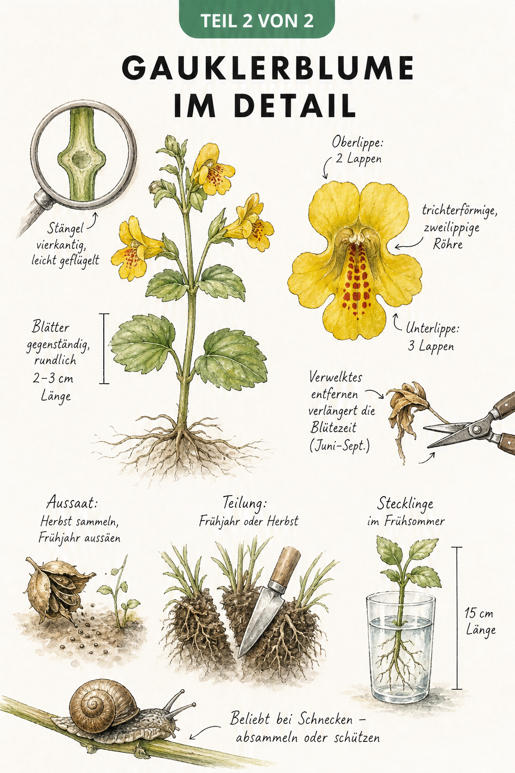 Botanische Illustration der Gauklerblume mit Details zu Blüte, Blättern und den drei Vermehrungsarten: Aussaat, Teilung und Stecklinge.