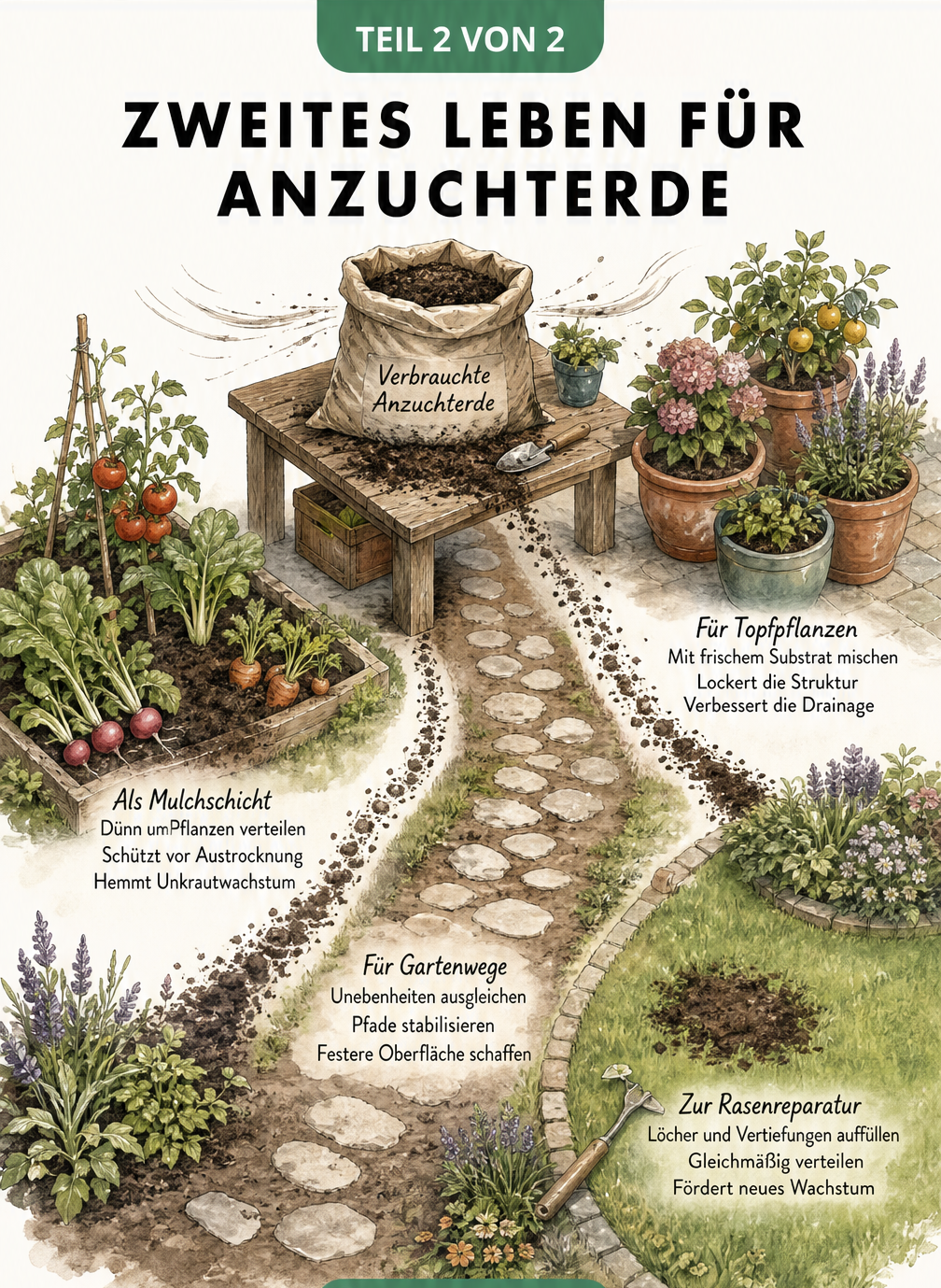 Illustration eines Gartens, die vier Verwendungsmöglichkeiten für alte Anzuchterde zeigt: als Mulch im Gemüsebeet, gemischt in Kübeln, auf Gartenwegen und zur...