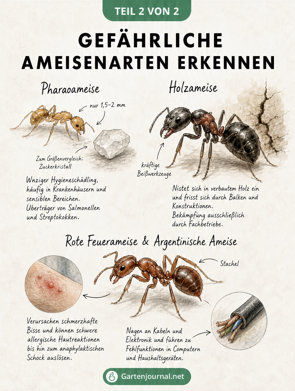 Illustration von Pharaoameise, Holzameise und Roter Feuerameise mit ihren Schadwirkungen