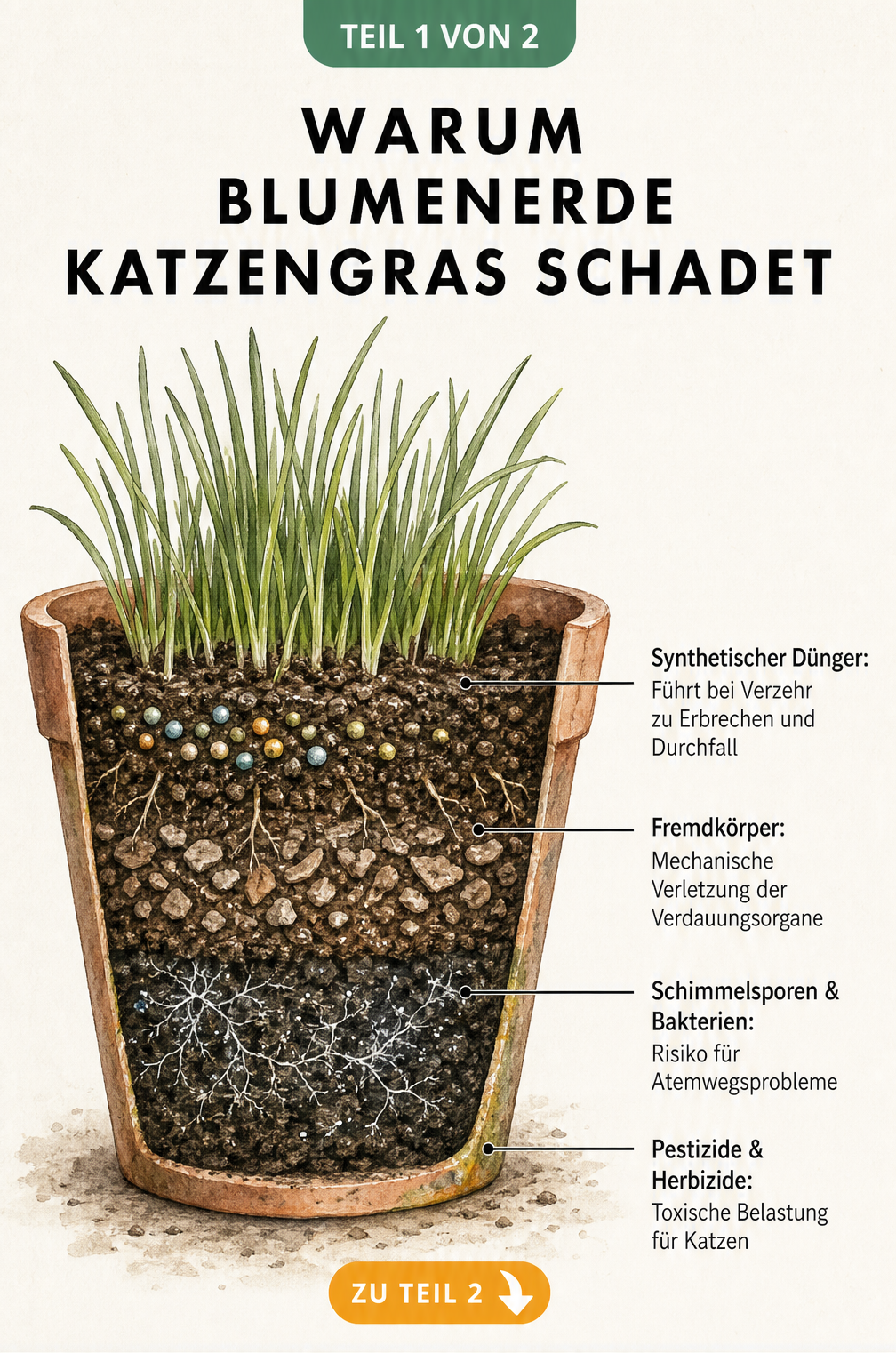 Querschnitt eines Blumentopfs mit Katzengras, der die Gefahren von Blumenerde wie Dünger, Fremdkörper, Schimmel und Pestizide zeigt