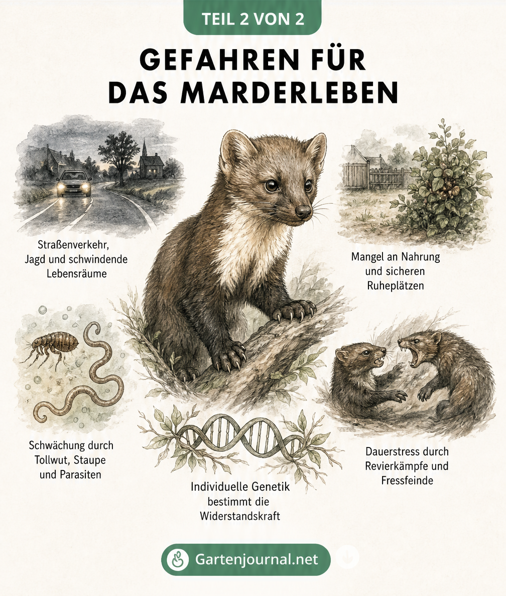 Illustration eines Steinmarders umgeben von Gefahren wie Straßenverkehr, Nahrungsmangel, Parasiten und Revierkämpfen