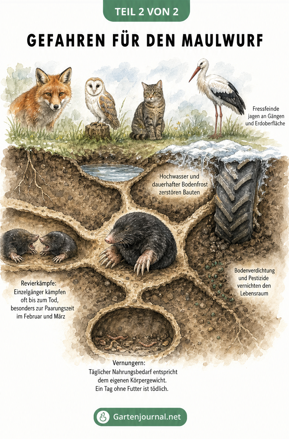 Illustration der Gefahren für den Maulwurf wie Fressfeinde, Hochwasser, Revierkämpfe und Nahrungsmangel