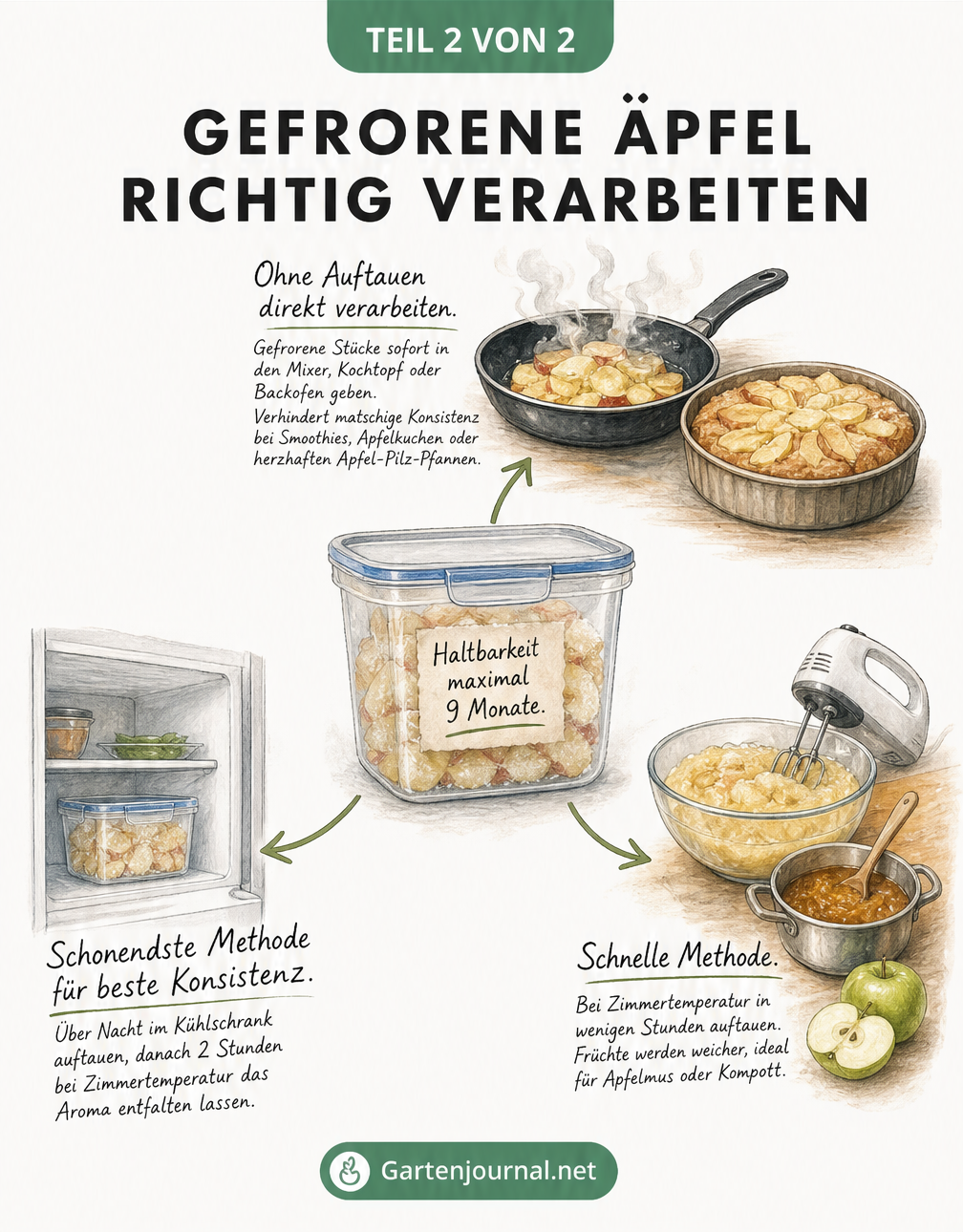 Mindmap-Illustration zur Verarbeitung gefrorener Äpfel durch Auftauen im Kühlschrank, bei Zimmertemperatur oder direkter Verwendung