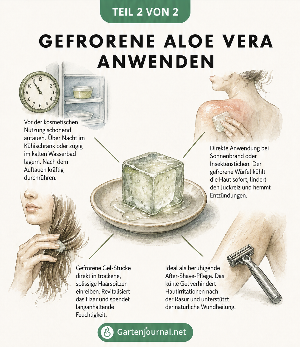 Illustration zur Anwendung von gefrorenen Aloe-Vera-Eiswürfeln: Auftauen, Kühlung bei Sonnenbrand, Haarpflege und After-Shave.