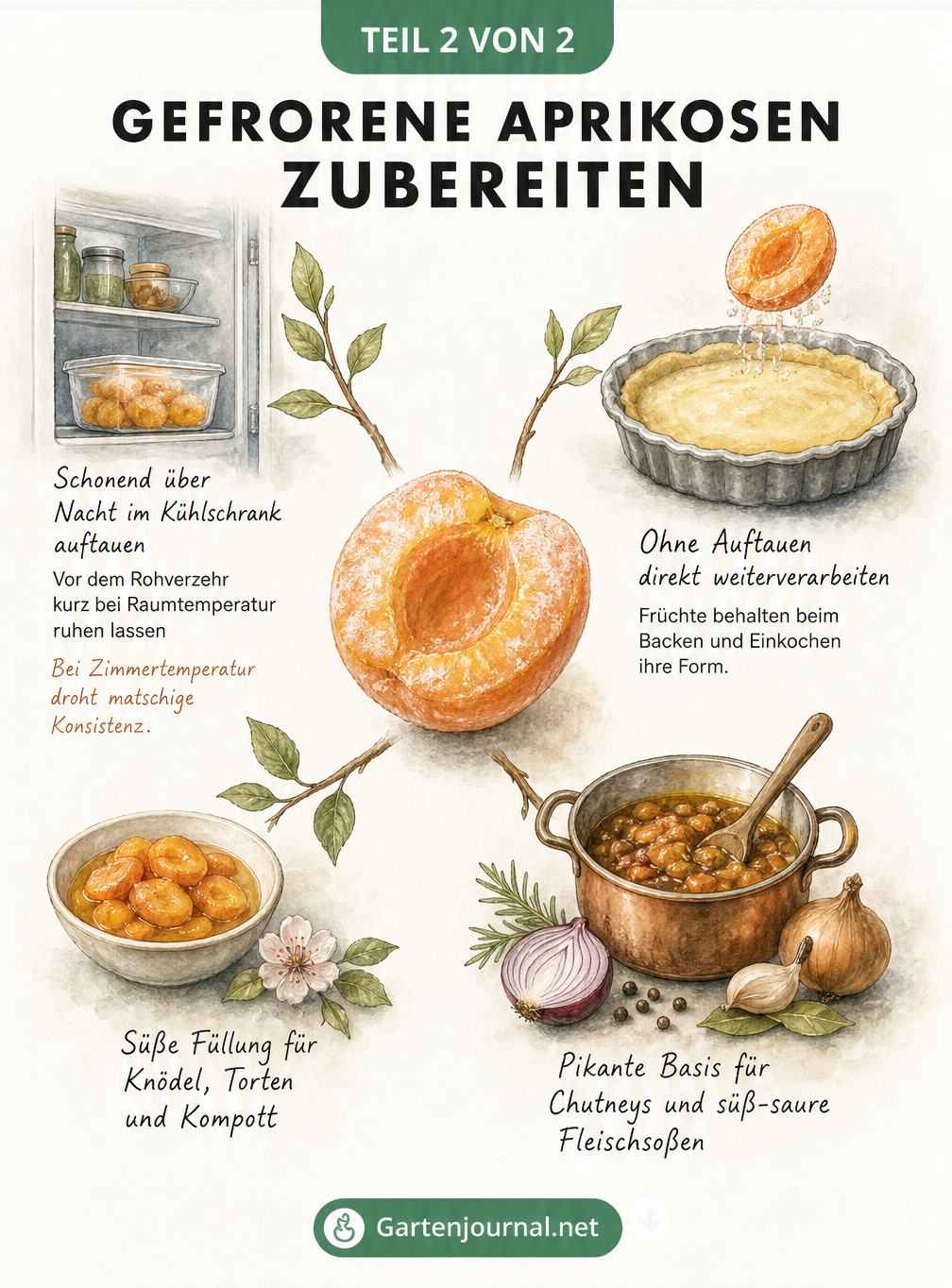 Illustration zur Zubereitung gefrorener Aprikosen: Schonendes Auftauen im Kühlschrank, direkte Verwendung beim Backen und Einsatz in süßen oder pikanten...