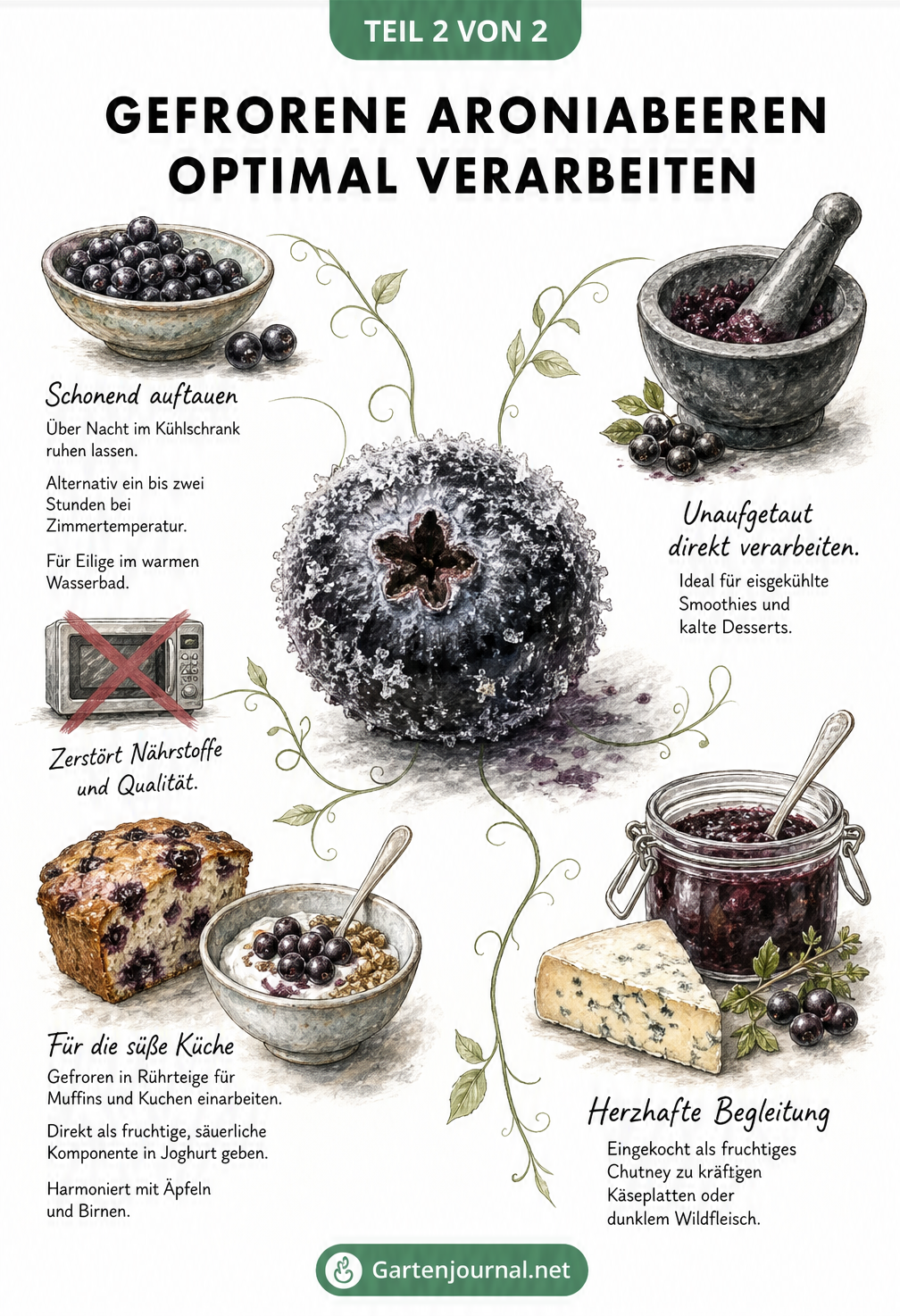 Illustration verschiedener Verwendungsmöglichkeiten für gefrorene Aroniabeeren