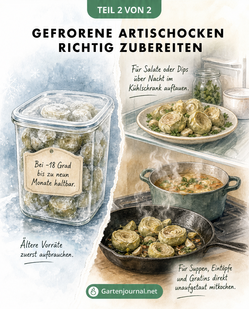 Illustration zur Haltbarkeit und Zubereitung von gefrorenen Artischocken für Salate oder Suppen
