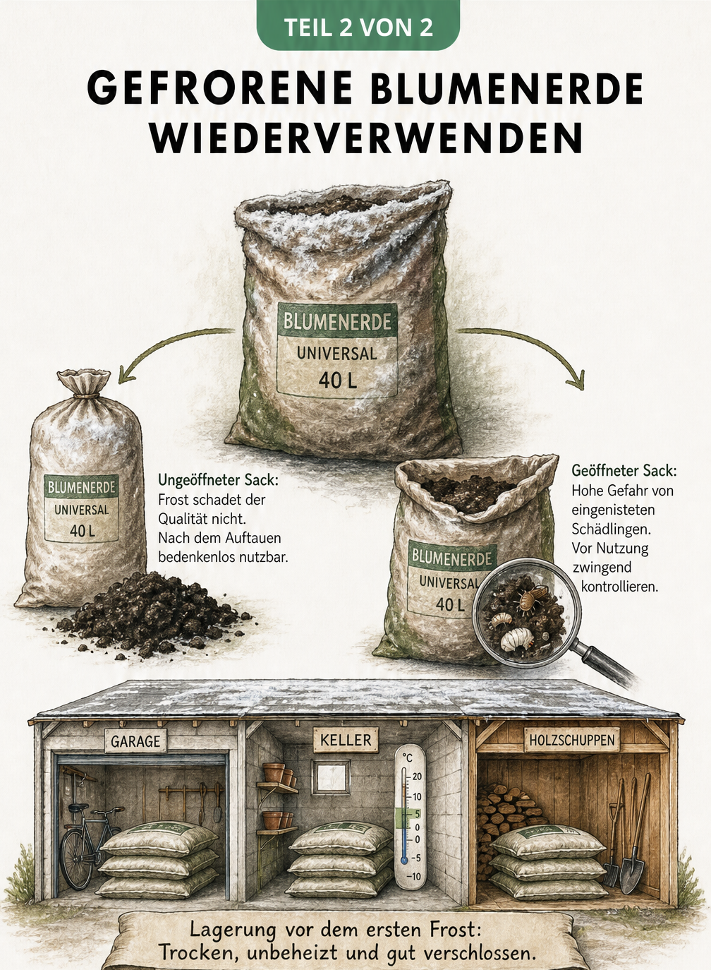 Vergleich von geöffnetem und ungeöffnetem Erdsack nach Frost sowie Tipps zur Lagerung