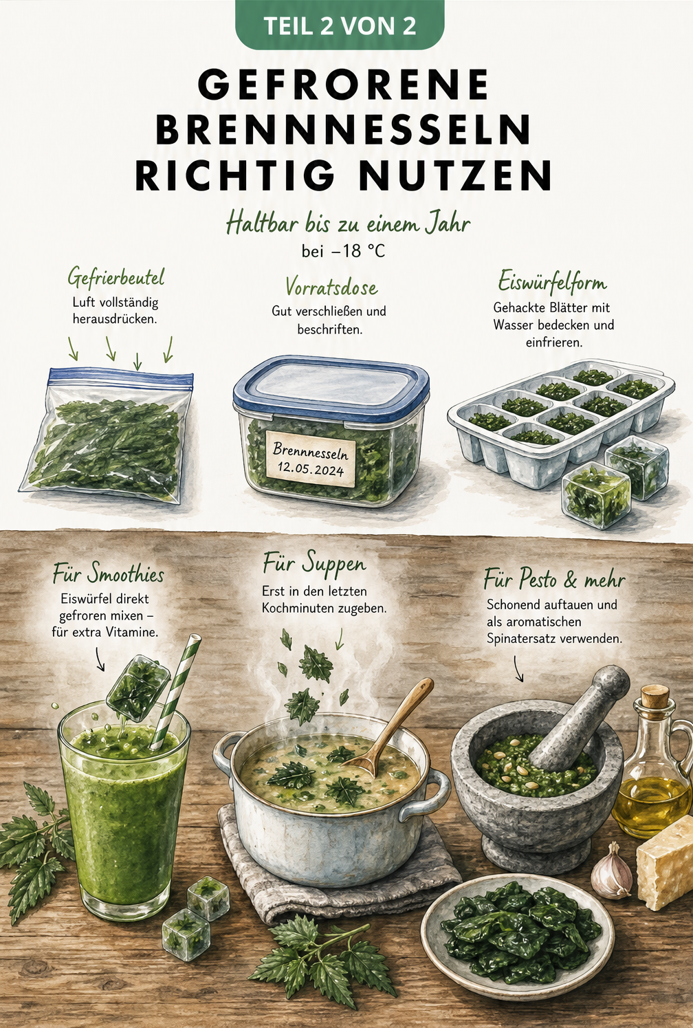 Illustration zeigt gefrorene Brennnesseln in Gefrierbeutel, Vorratsdose und als Eiswürfel sowie deren Verwendung in Smoothie, Suppe und Pesto.