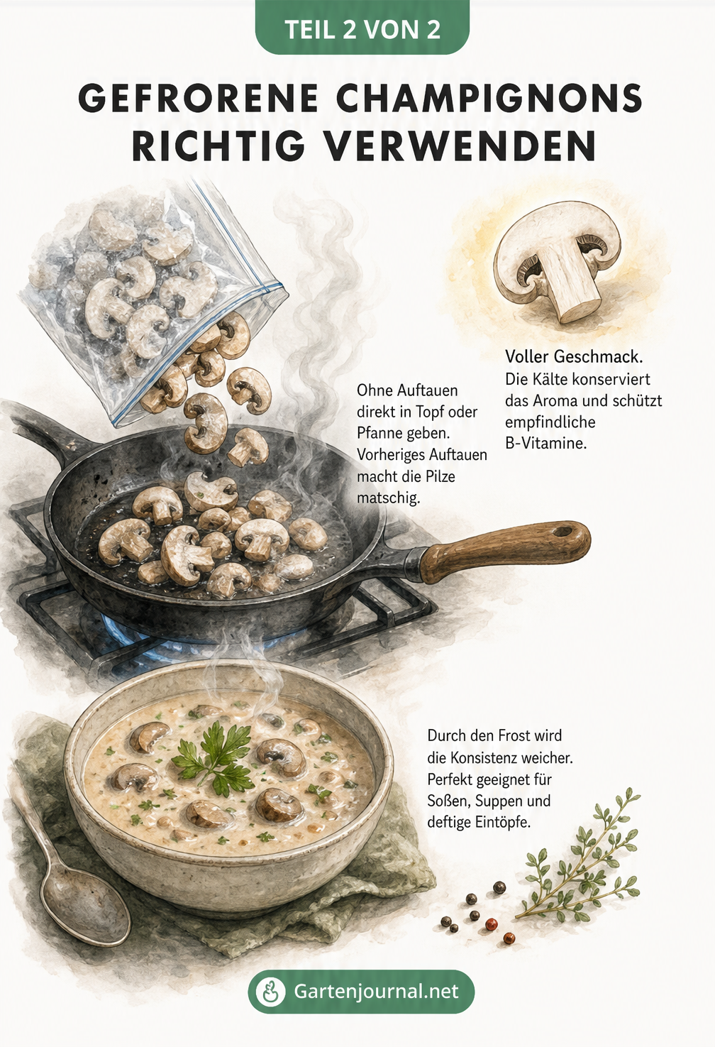 Illustration einer Pfanne, in die gefrorene Champignonscheiben direkt aus dem Gefrierbeutel gegeben werden, sowie eine Schale mit cremiger Pilzsuppe.