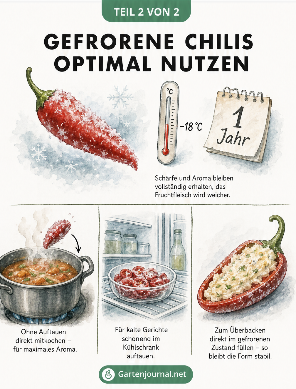 Illustration zur Verwendung gefrorener Chilis: Haltbarkeit bei -18 Grad, direktes Mitkochen, Auftauen im Kühlschrank und Füllen im gefrorenen Zustand.