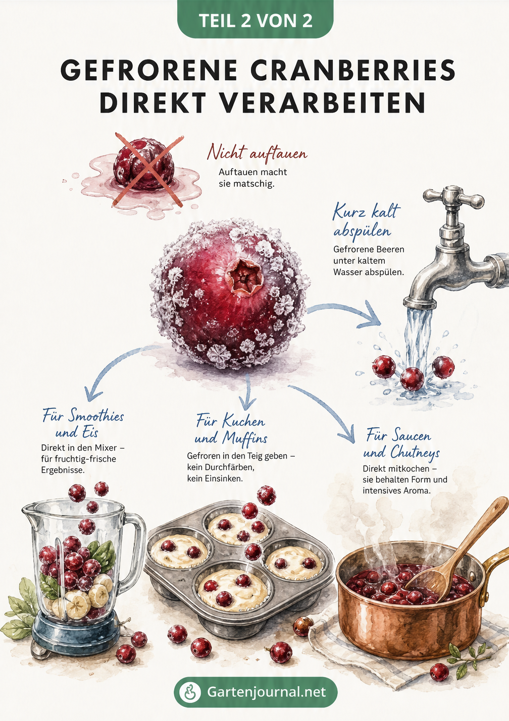 Illustration einer gefrorenen Cranberry, die direkt in Mixer, Muffinform und Topf verarbeitet wird