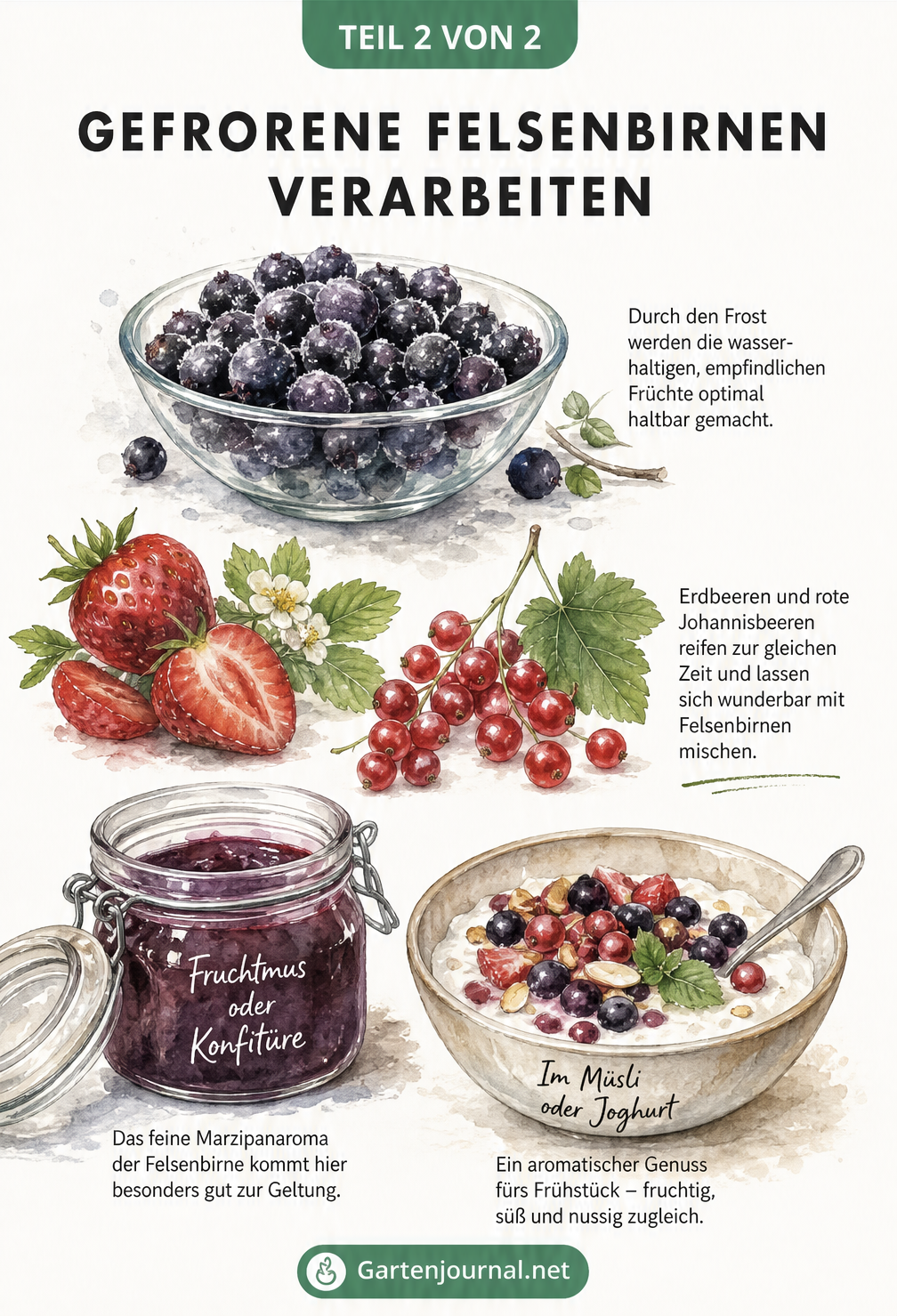 Handgezeichnetes Stillleben mit gefrorenen Felsenbirnen, Erdbeeren, Johannisbeeren sowie Einmachglas und Mueslischale