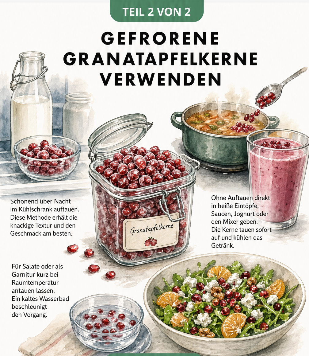 Illustration von drei Verwendungsmöglichkeiten für gefrorene Granatapfelkerne: schonendes Auftauen im Kühlschrank, direkte Zugabe in heiße Speisen oder...