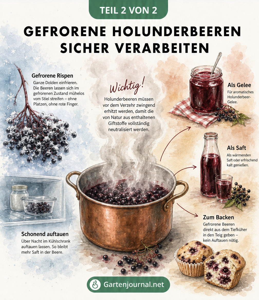 Illustration zur Verarbeitung gefrorener Holunderbeeren: Einfrieren ganzer Rispen, schonendes Auftauen, zwingendes Erhitzen im Kochtopf zur Neutralisierung von...