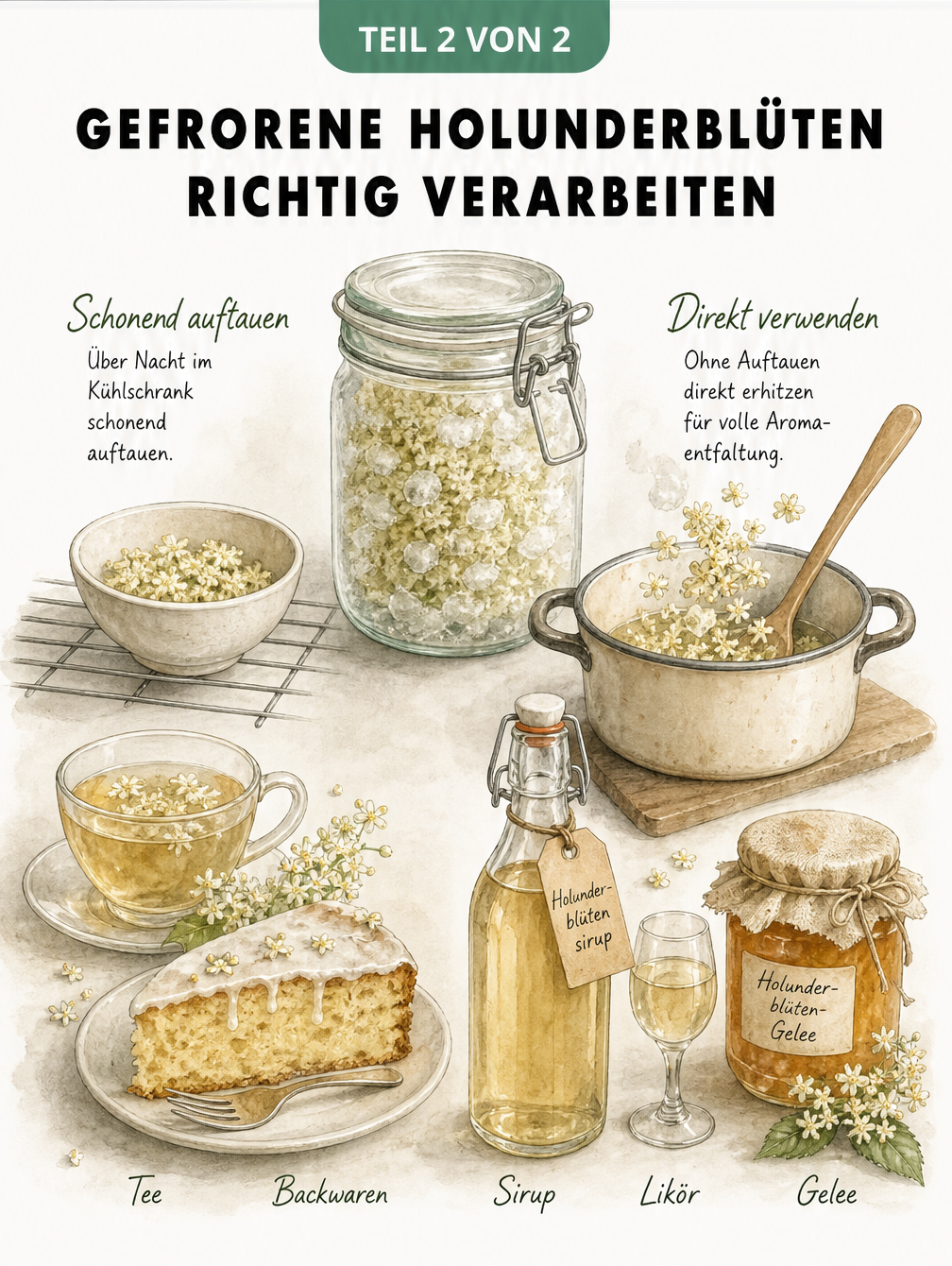 Illustration eines Vorratsglases mit gefrorenen Holunderblüten, daneben Schale zum Auftauen sowie Topf für direkte Verarbeitung