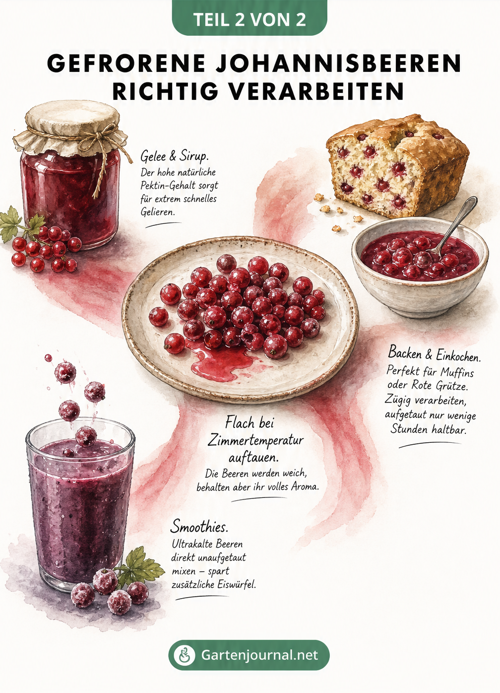 Illustration: Gefrorene Johannisbeeren auf Teller auftauen, Verarbeitung zu Gelee, Kuchen und Smoothies.