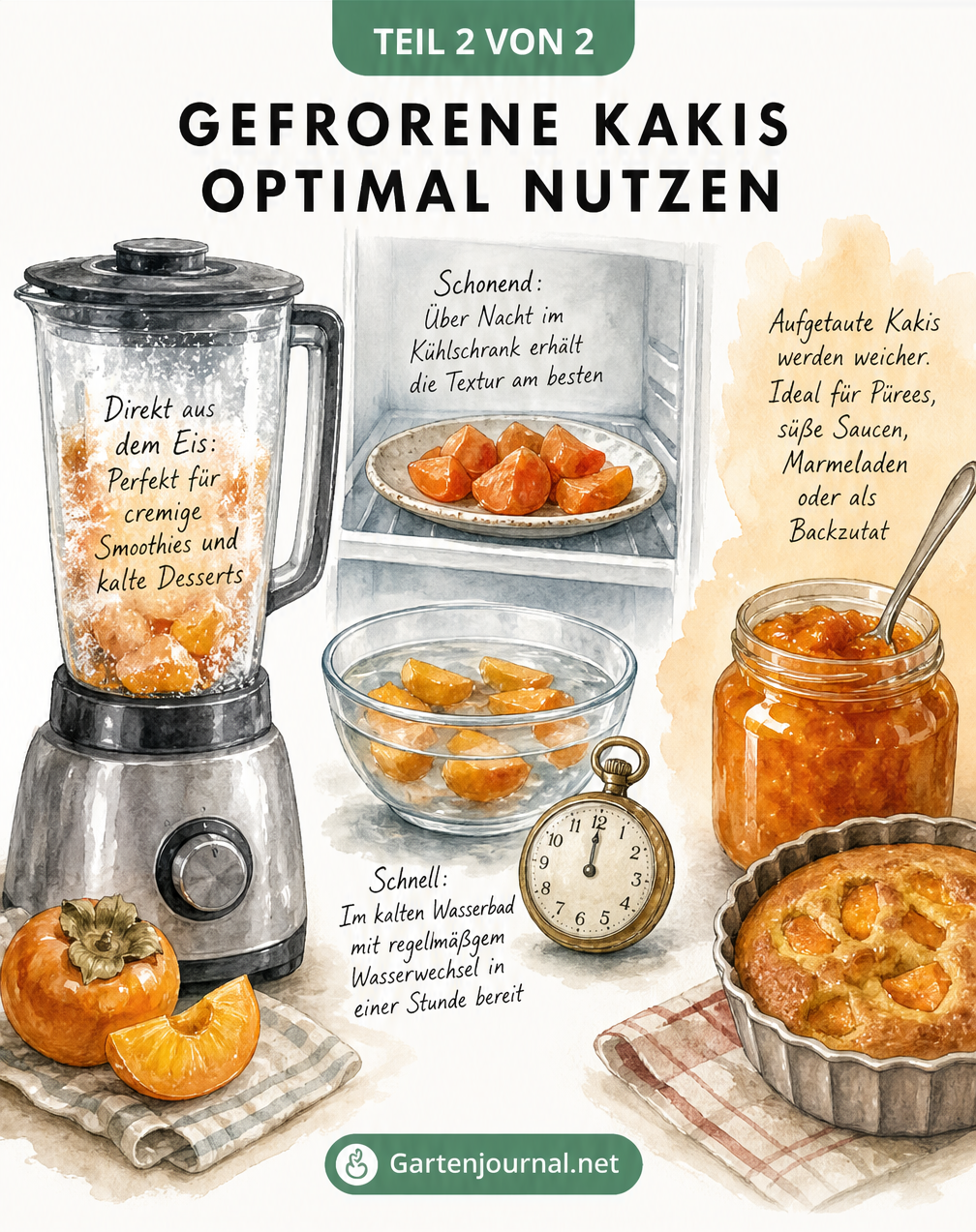 Aquarell-Illustration zur Verwendung gefrorener Kakis: Mixer für Smoothies, Auftauen im Kühlschrank oder Wasserbad und Weiterverarbeitung zu Marmelade.