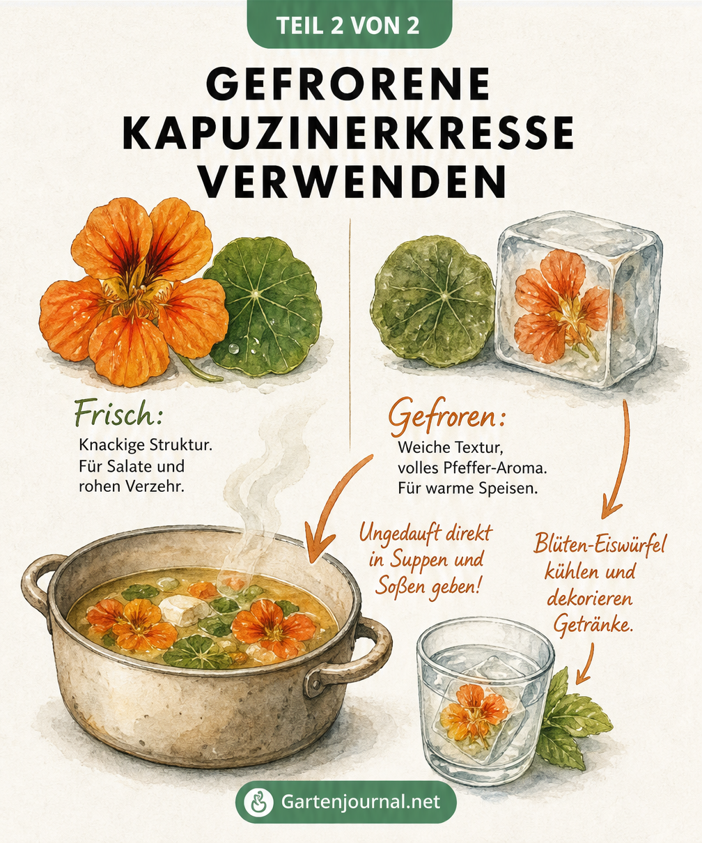 Vergleich von frischer und gefrorener Kapuzinerkresse sowie deren Verwendung in Suppen und Getränken