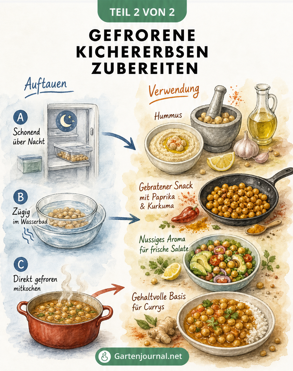 Illustration zum Auftauen und Verwenden von gefrorenen Kichererbsen für Hummus, Salate und Currys